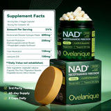 Ovelanique NAD etiqueta frontal mostrando ingredientes clave y beneficios posibles.