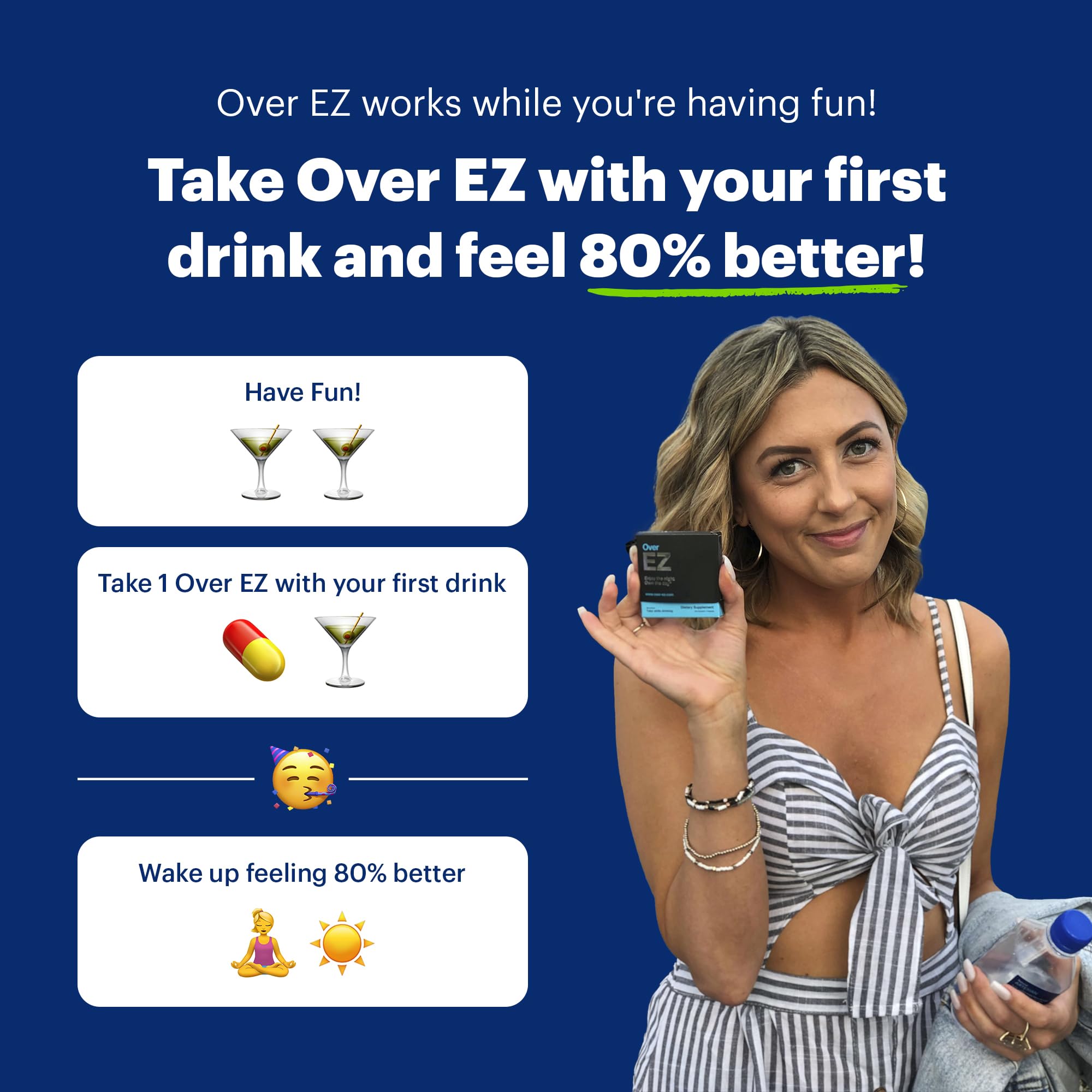 Etiqueta colorida de Over EZ Pre-Drink con ingredientes clave y beneficios energéticos.