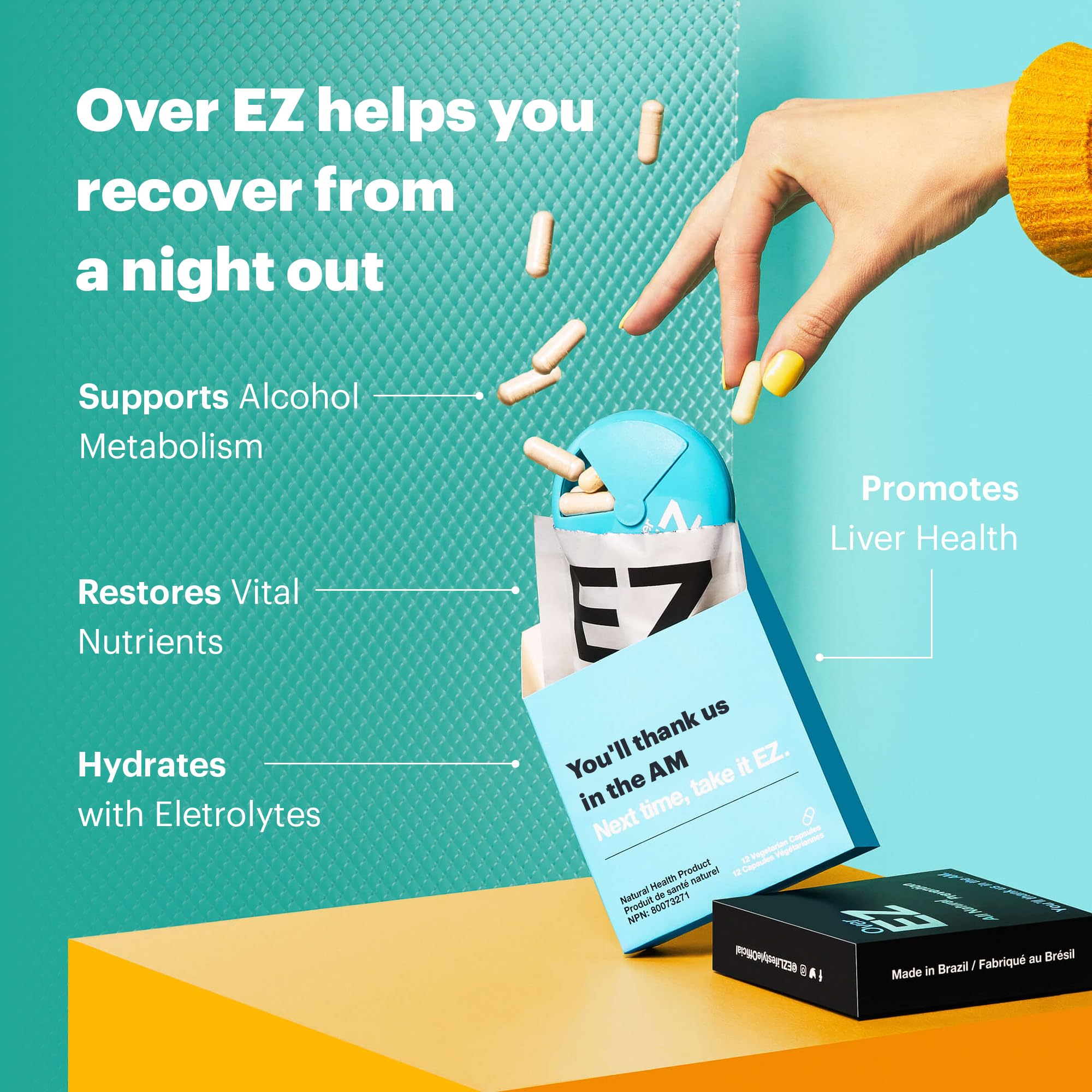 Etiqueta nutricional de Over EZ Pre-Drink con vitaminas y minerales.