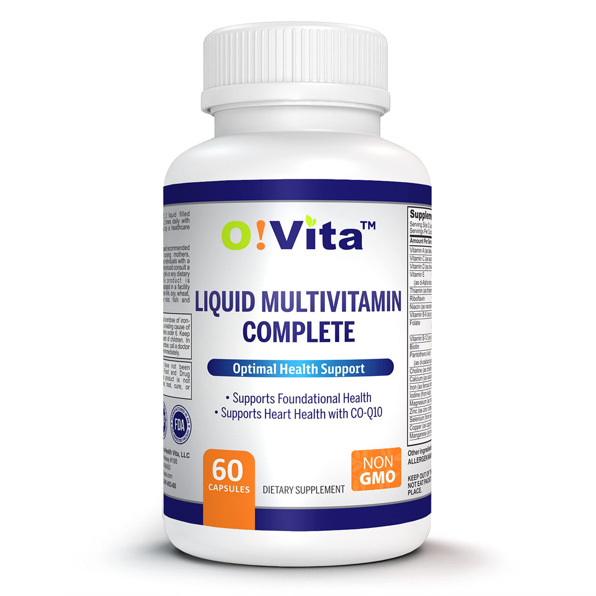 O!VITA líquido multivitamínico, botella frontal para uso diario.