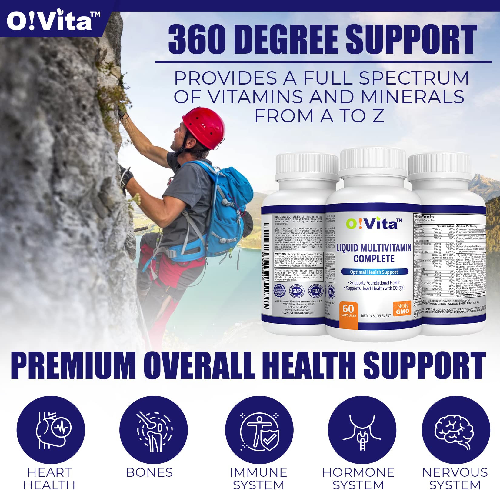 O!VITA líquido multivitamínico, etiqueta destacada muestra ingredientes vegetales.
