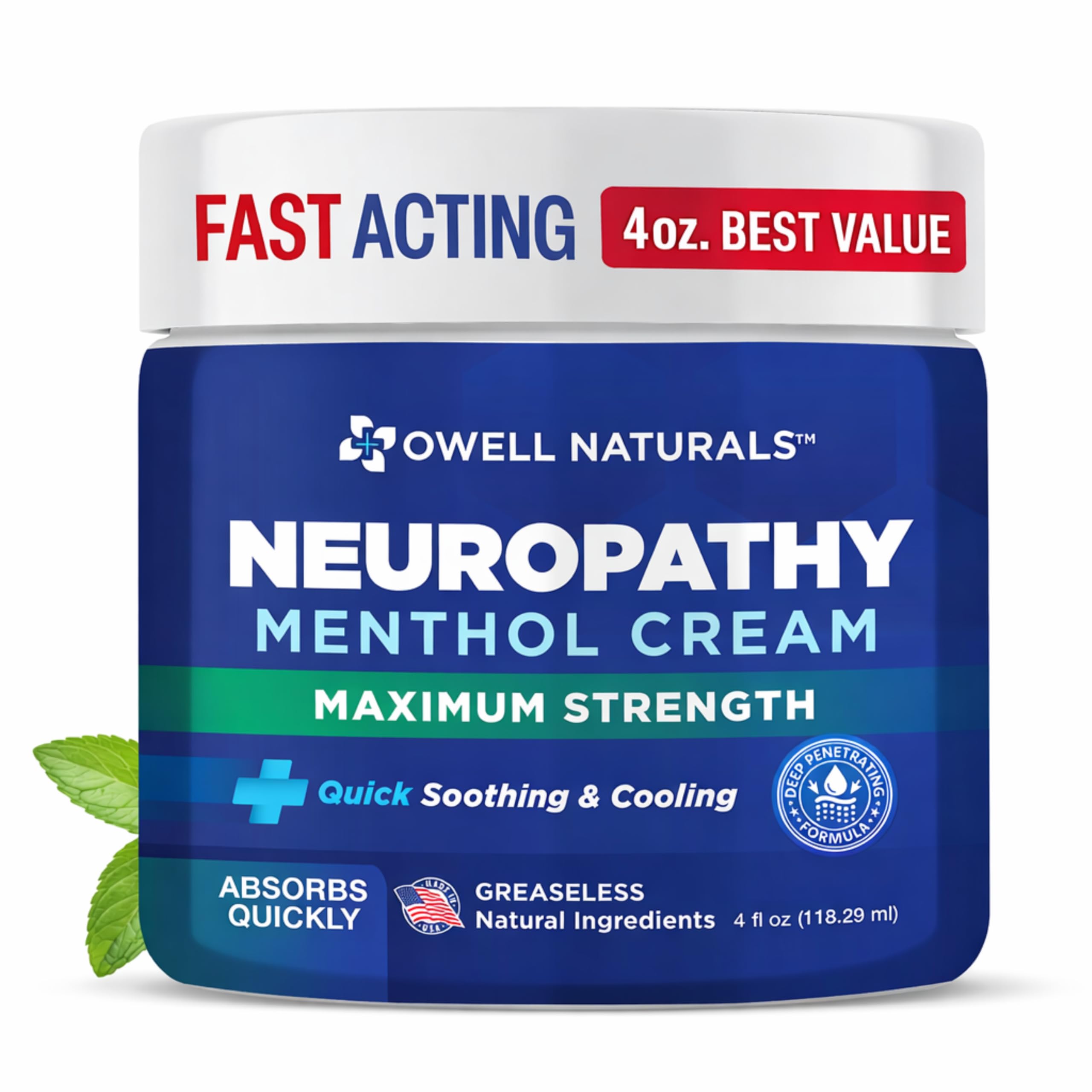 Owell Naturals Crema Neuropatía, botella frontal, alivio suave para pies y piernas.