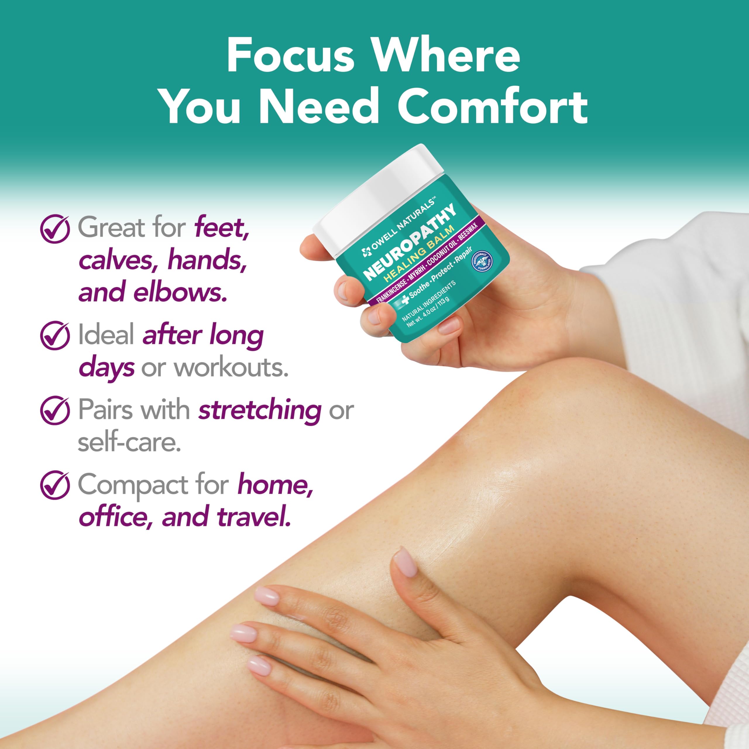 Owell Naturals Neuropathy Balm con aceite de coco para hidratación profunda.