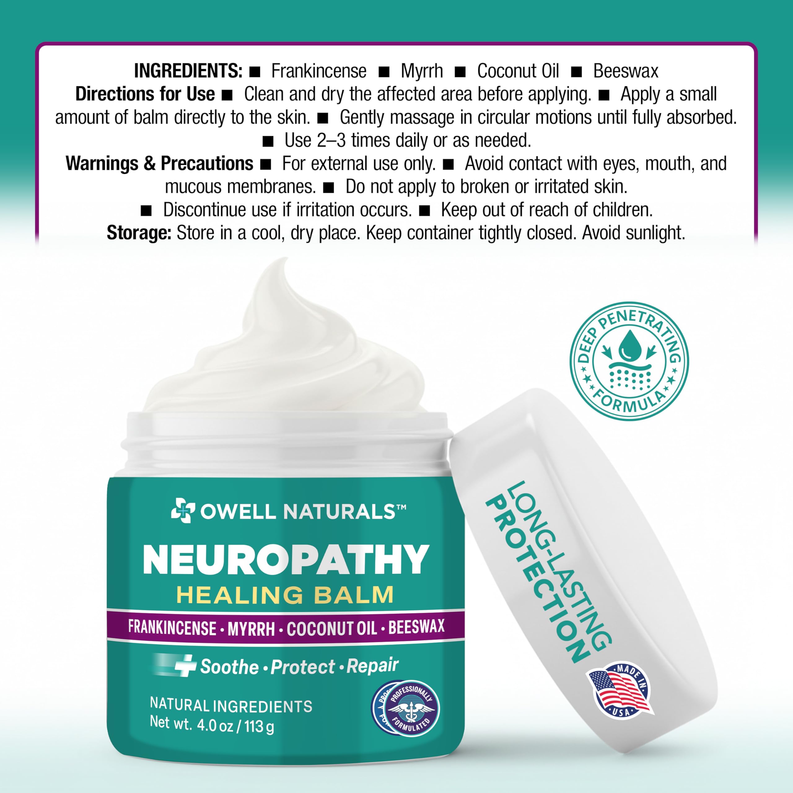 Owell Naturals Neuropathy Balm, aplicación diaria fácil.