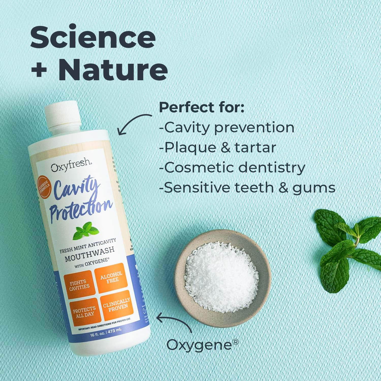 Oxyfresh sin alcohol en enjuague bucal fluorurado para suavidad