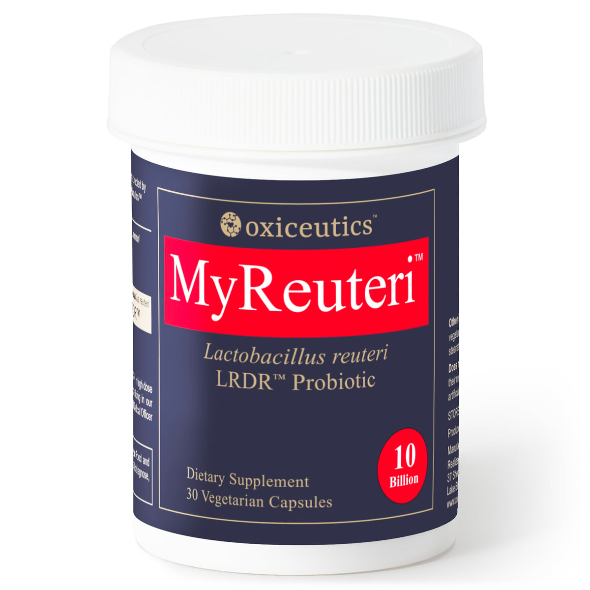 MyReuteri de Oxiceutics, botella frontal, dosis diaria conveniente para la salud intestinal.