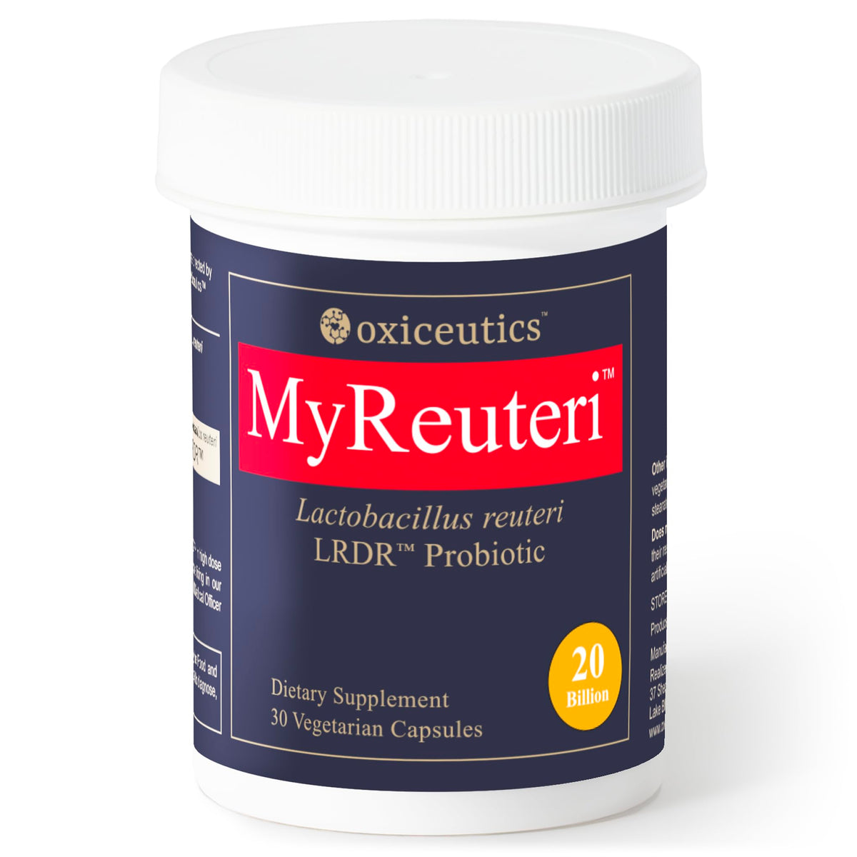 oxiceutics MyReuteri: botella para verter dosis diarias y bienestar intestinal.