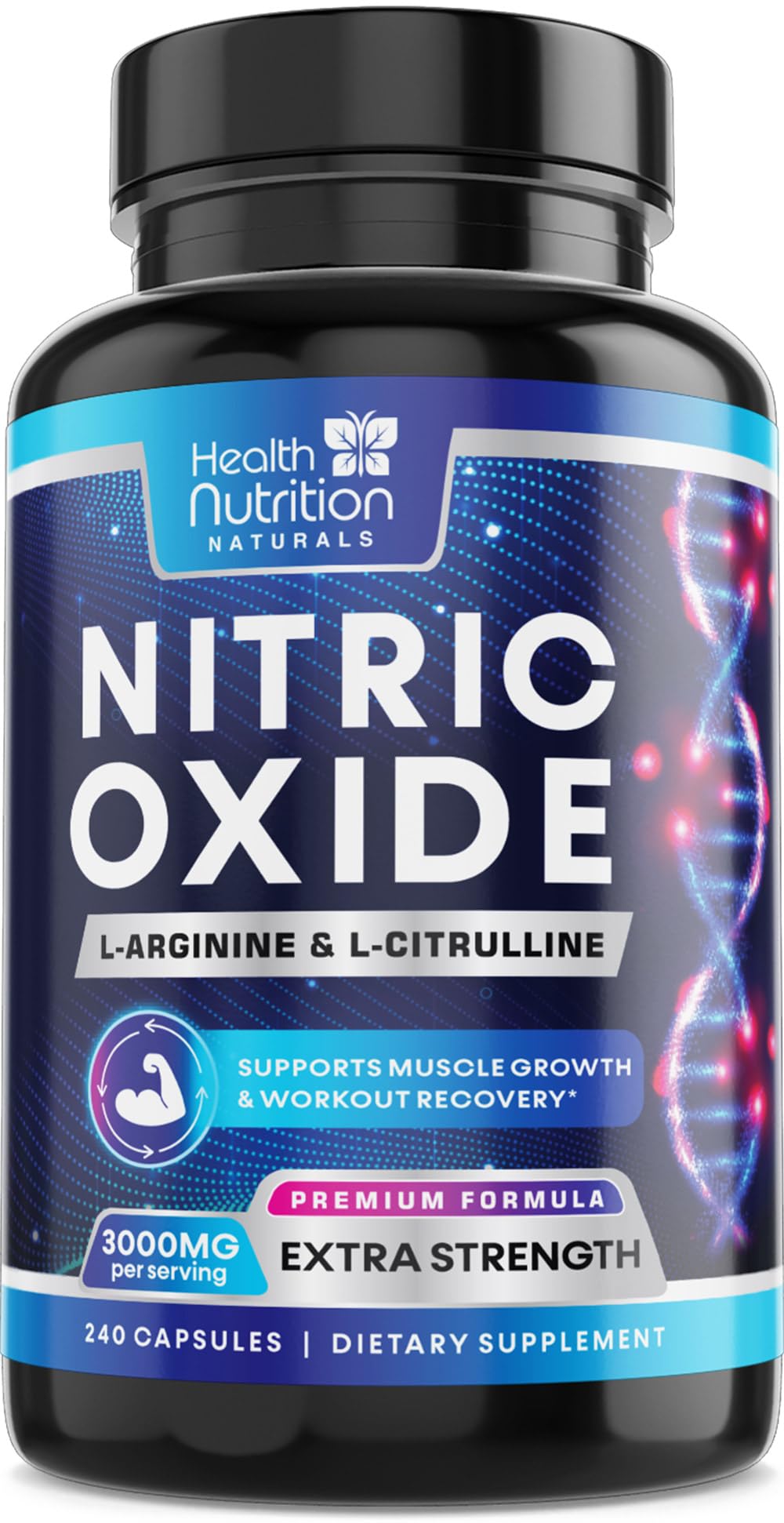 Oxido nítrico Health Nutrition Naturals: botella destacando la fórmula para energía sostenida.