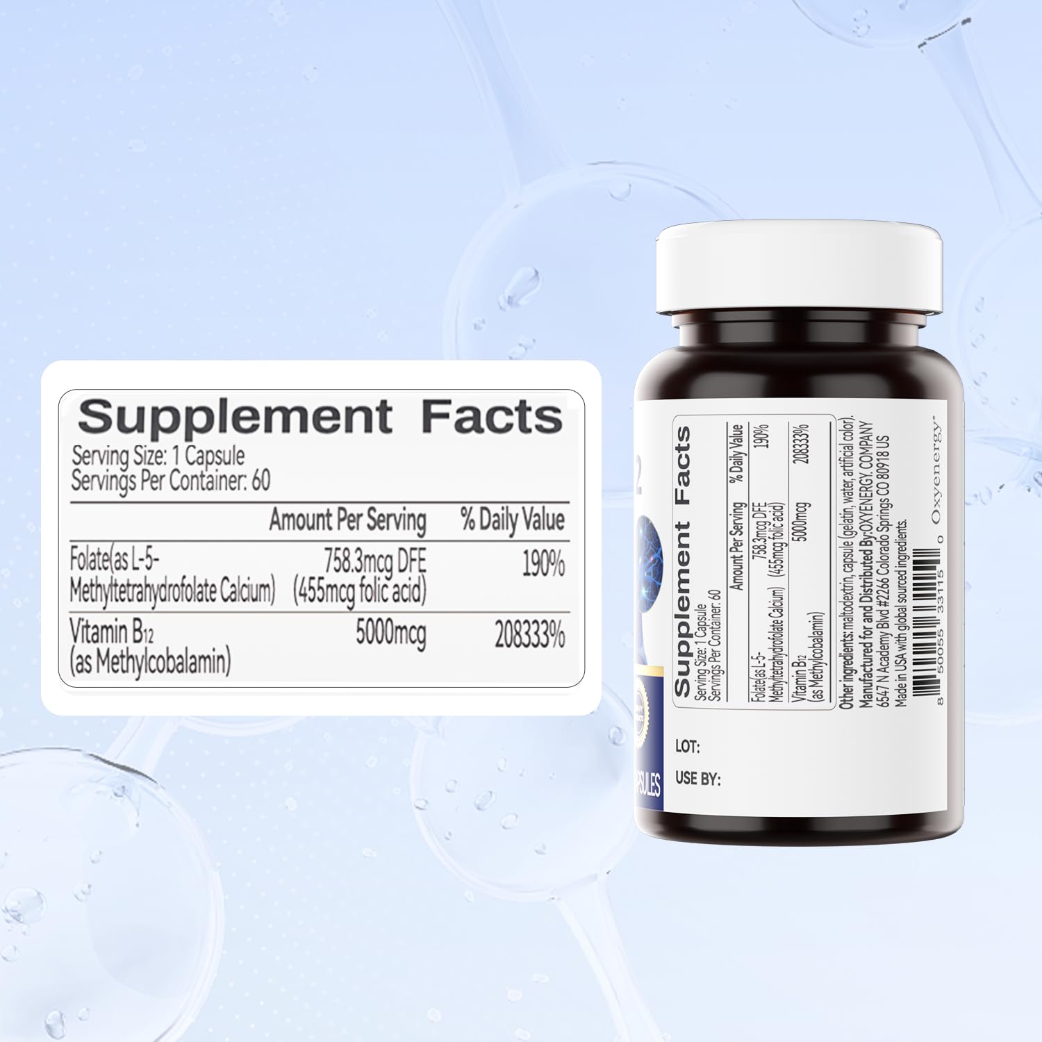 OxyEnergy B12 cápsulas en mano: dosis potente para apoyo nervioso.