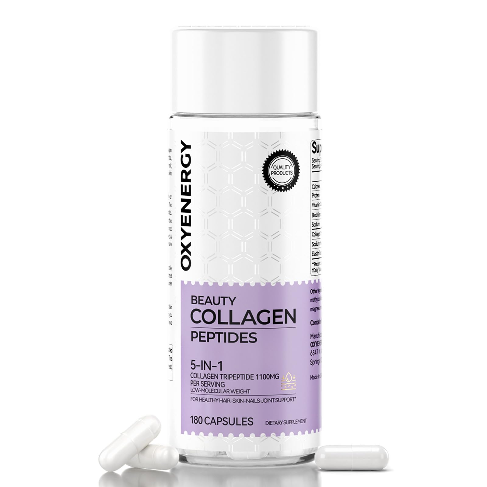 OxyEnergy cápsulas de colágeno 1100 mg en frasco, apoyo a cabello y piel.