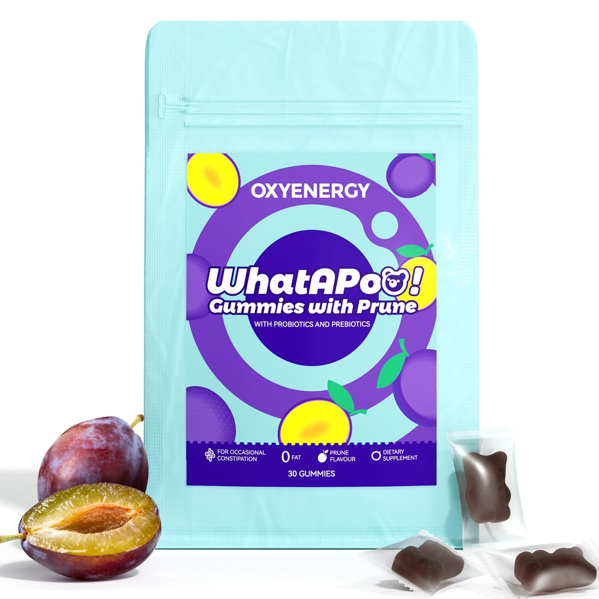 Gomitas OxyEnergy con prebióticos y probióticos para equilibrio intestinal.