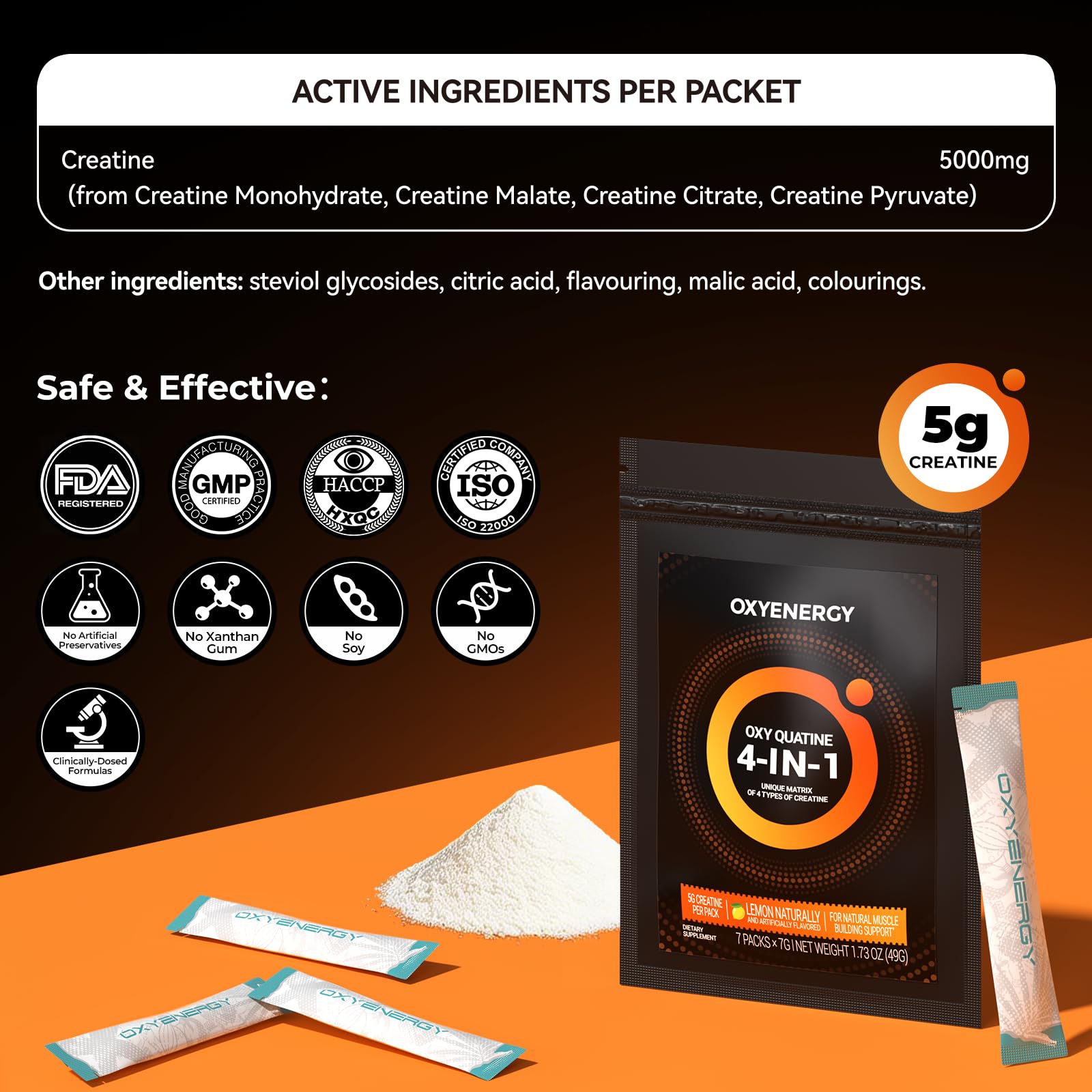 OxyEnergy porciones individuales de creatina para dosis exactas.