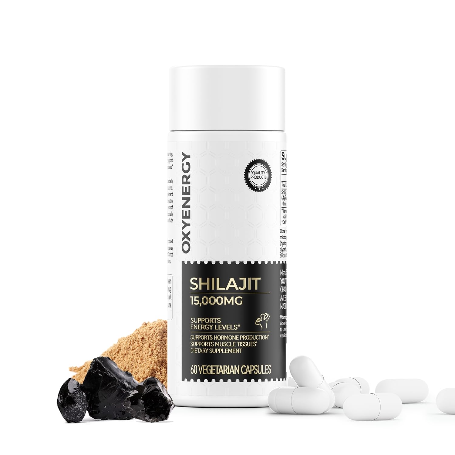 OxyEnergy Shilajit envase 15000 mg para energía sostenida.