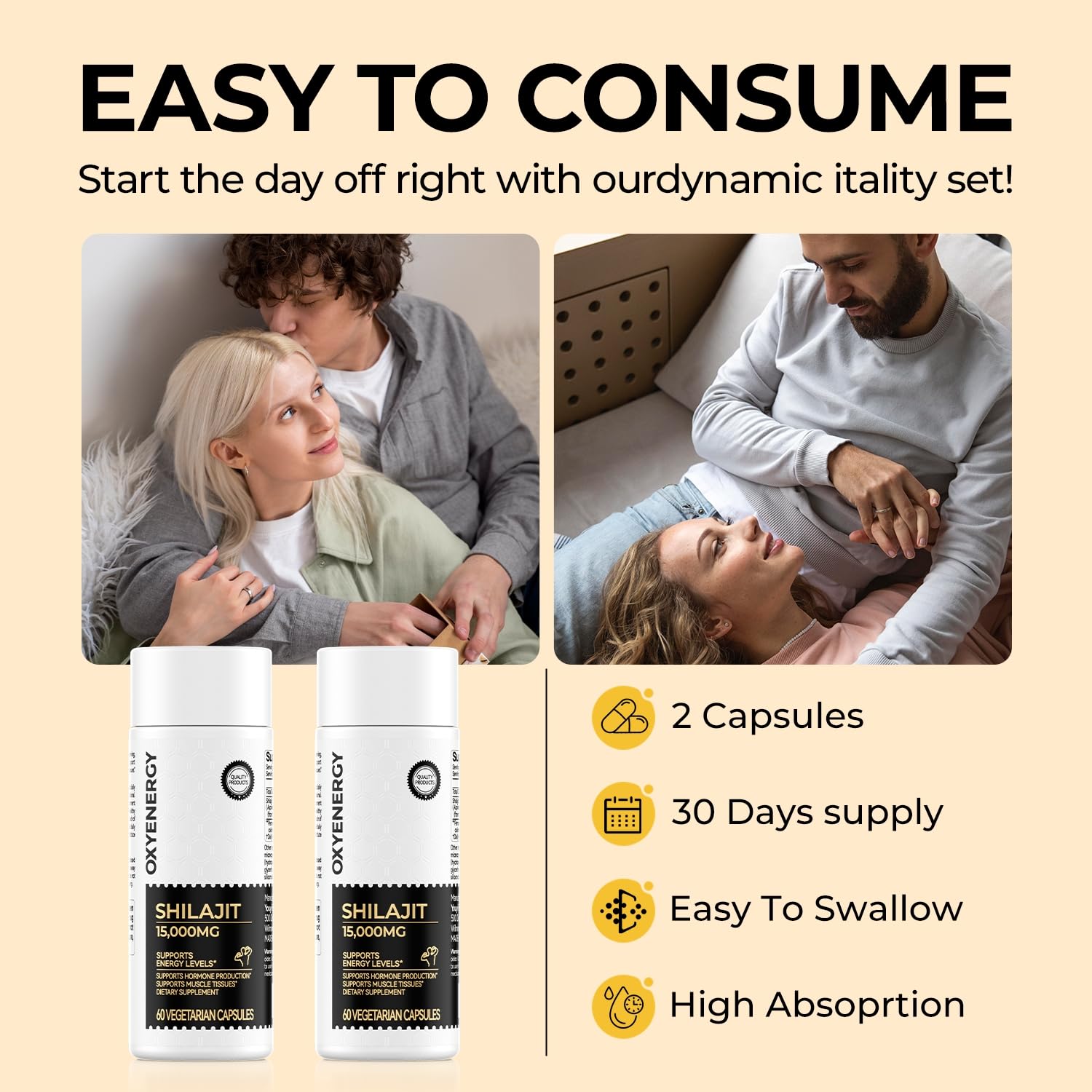 Uso diario de OxyEnergy Shilajit para aumentar energía y enfoque.