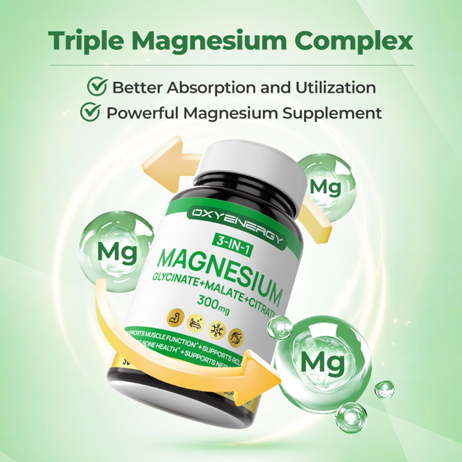 OxyEnergy Triple Magnesium Complex botella, dosis diaria para bienestar general.