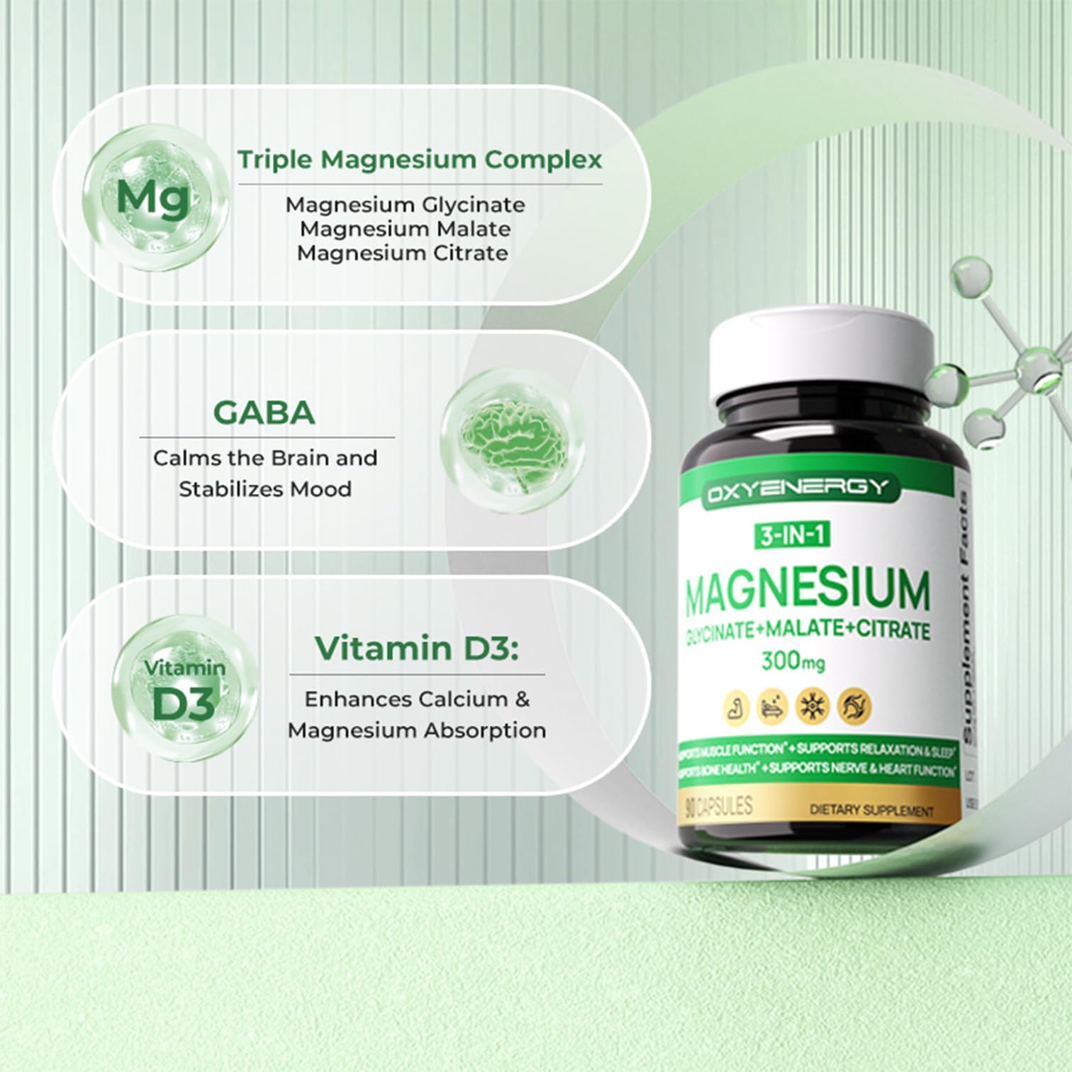 OxyEnergy Triple Magnesium Complex etiqueta clara destacando ingredientes.