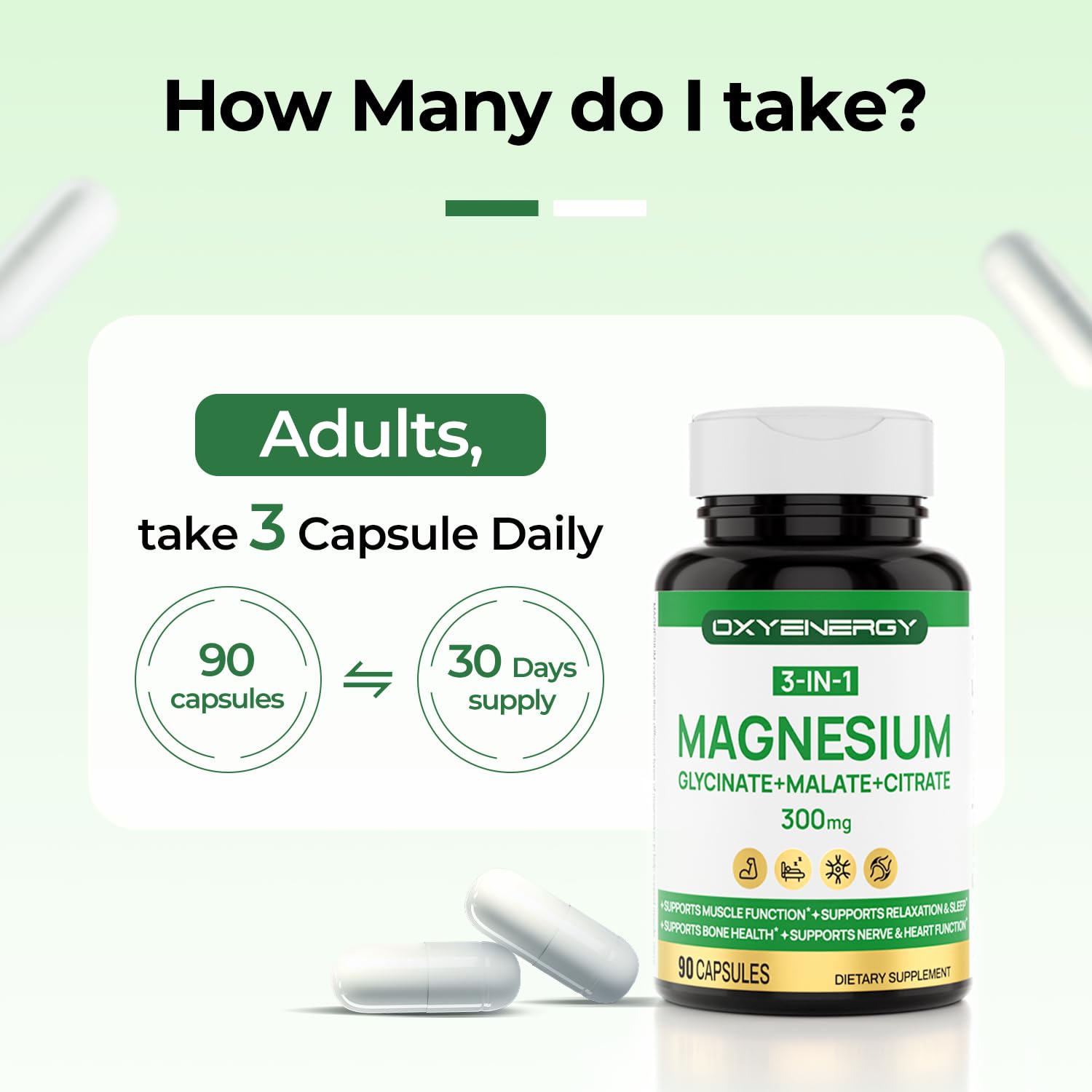 OxyEnergy Triple Magnesium Complex ingredientes: glicinato, malato y citrato para absorción.