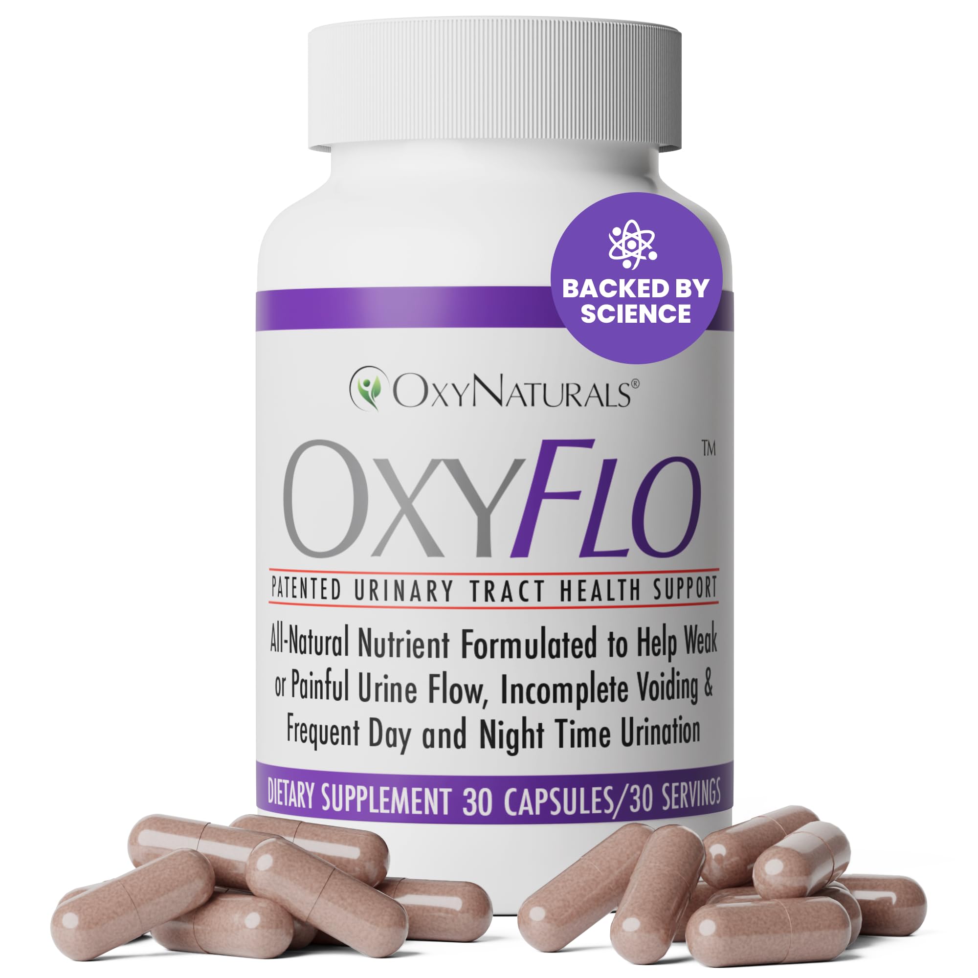 OxyFlo: botella frontal mostrando el envase para uso diario y comodidad de la vejiga.