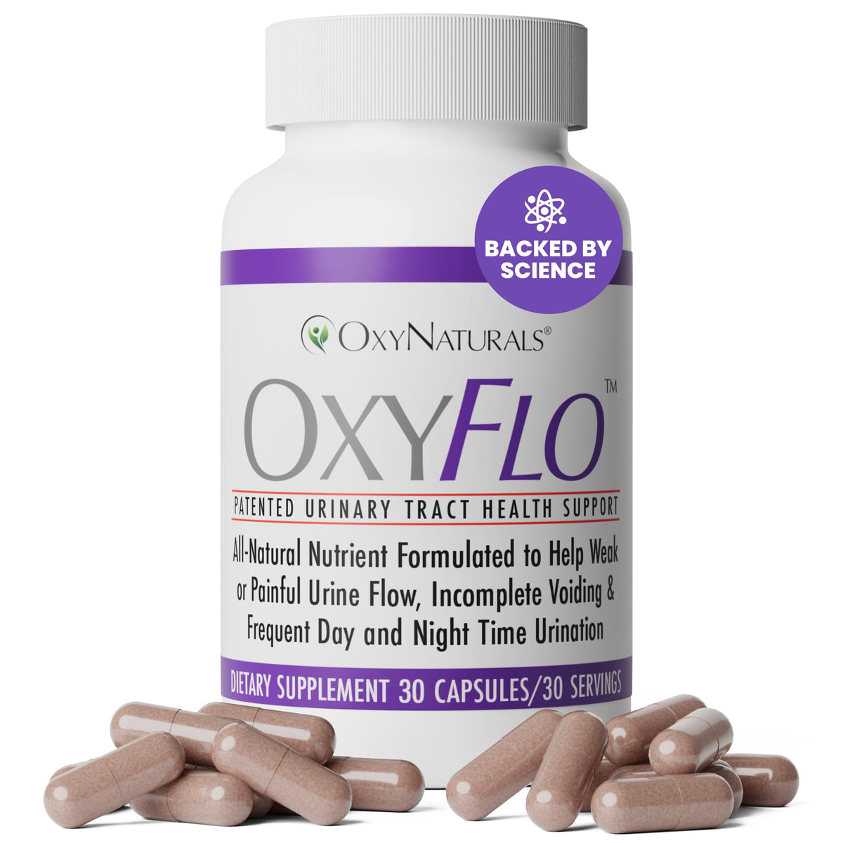 OxyFlo: botella frontal mostrando el envase para uso diario y comodidad de la vejiga.