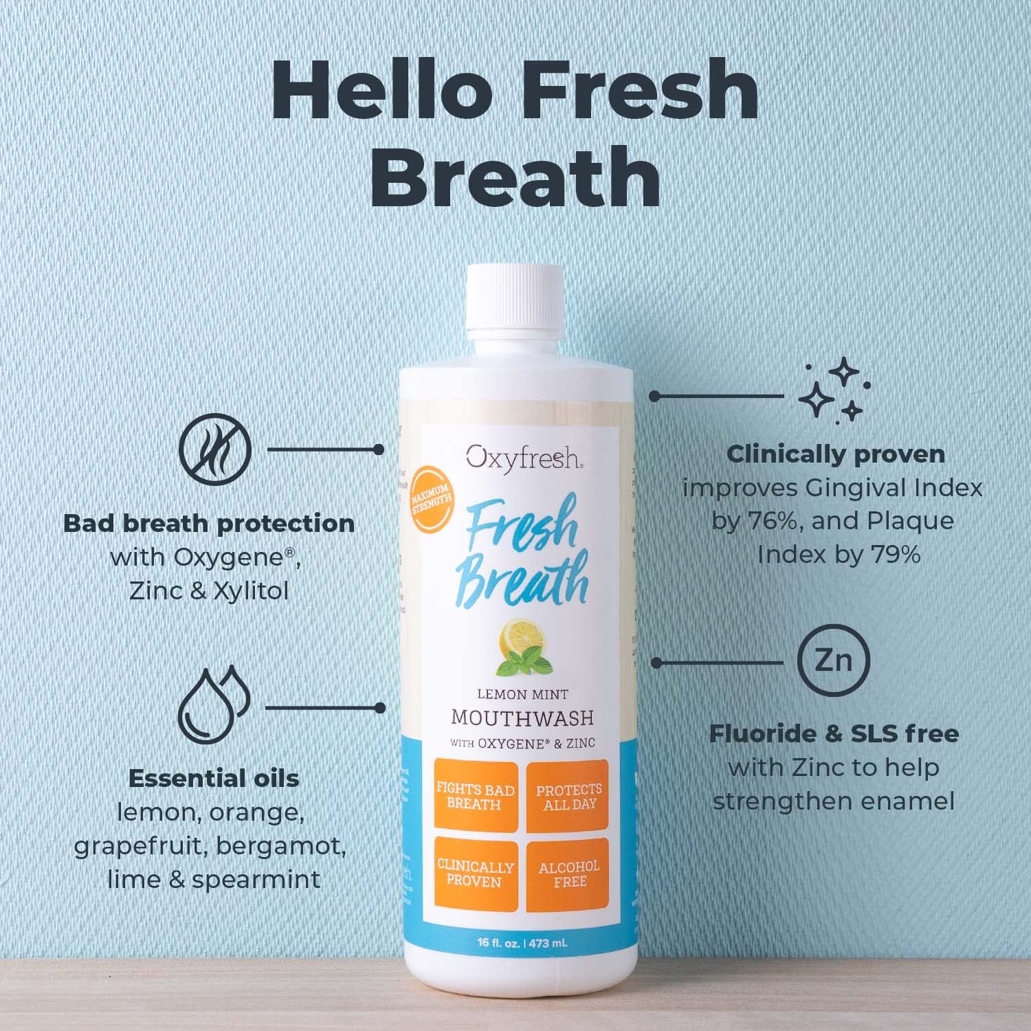 Etiqueta del enjuague bucal Oxyfresh 16 oz mostrando diseño suave