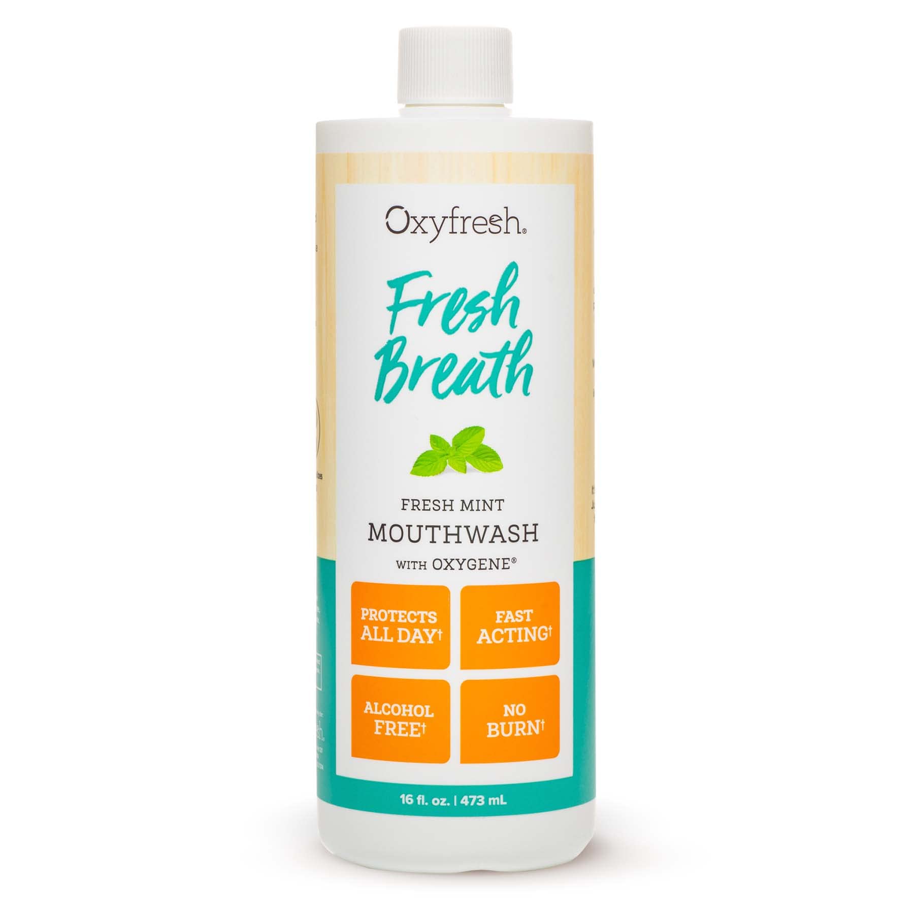 Oxyfresh enjuague bucal con frescura mentolada para un aliento duradero.