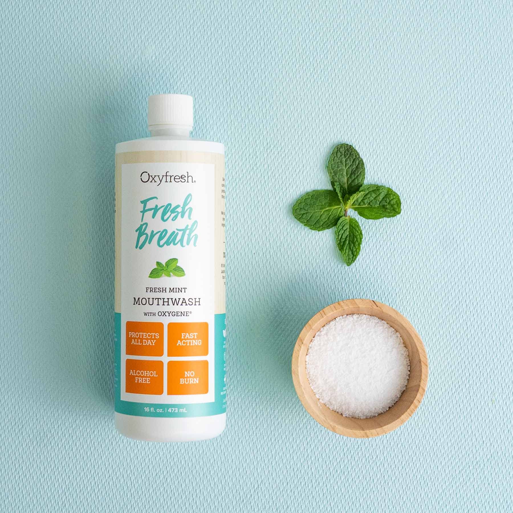 Oxyfresh enjuague bucal sin alcohol para cuidado suave de las encías.