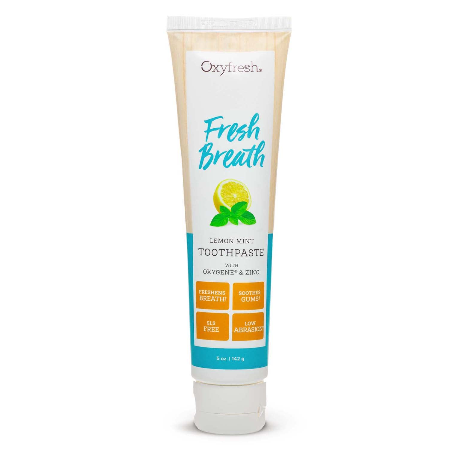 Pasta de dientes Oxyfresh limón menta, envase frontal, aliento fresco