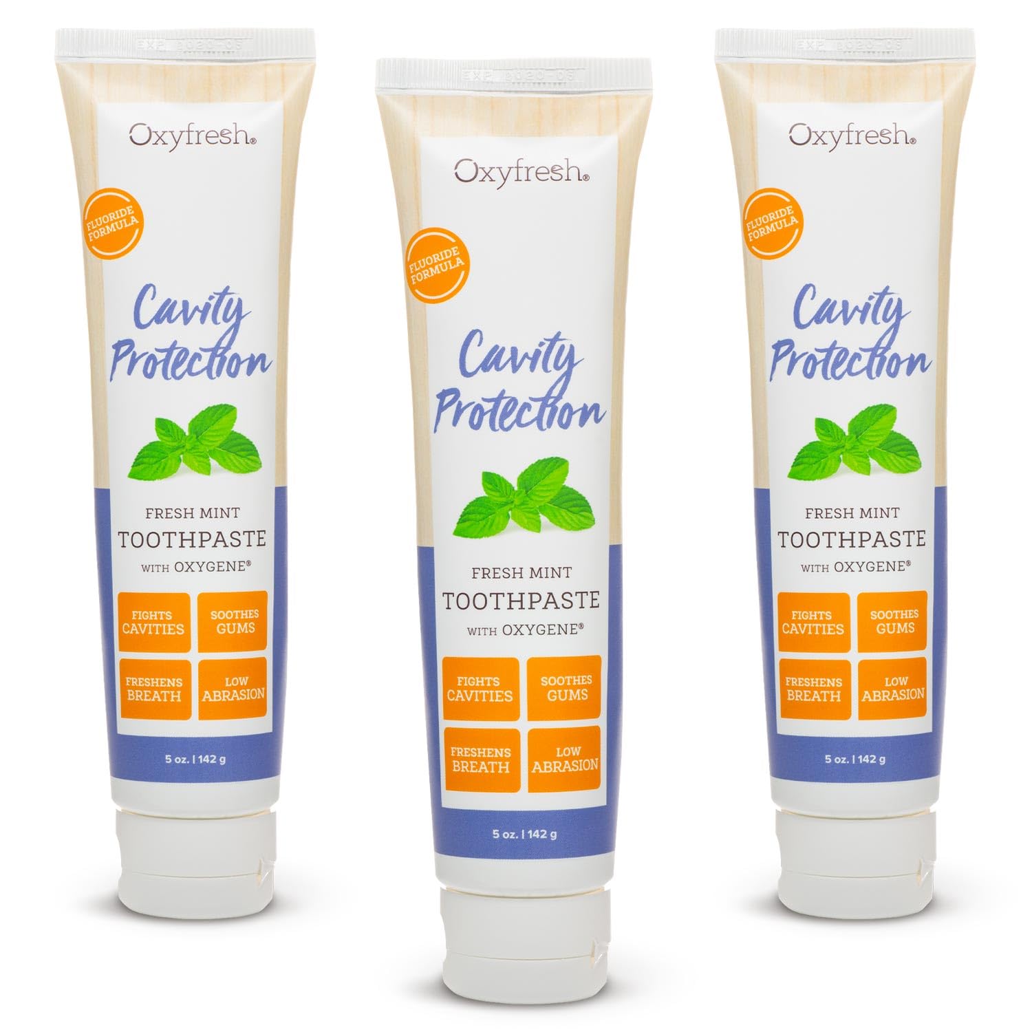 Pasta dental Oxyfresh protege contra caries con fresca menta.