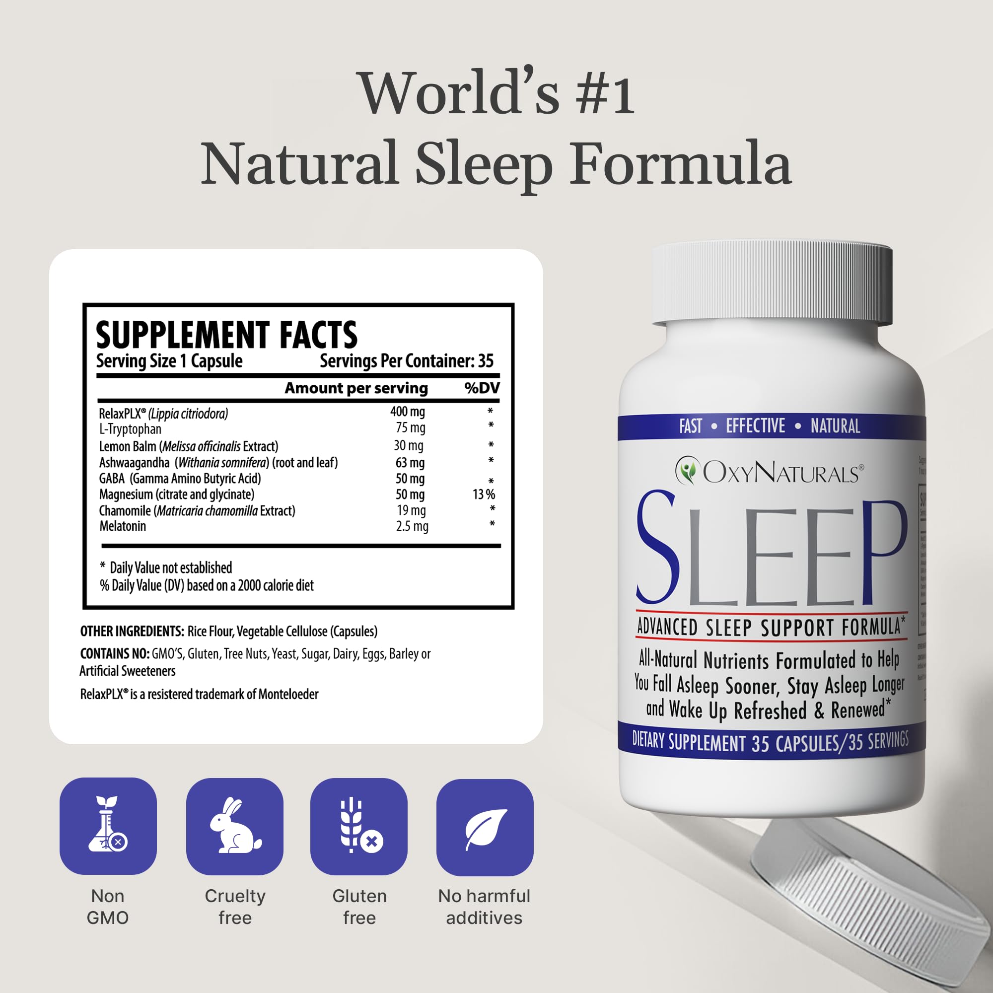 OxyNaturals Sleep etiqueta muestra ingredientes clave para dormir mejor
