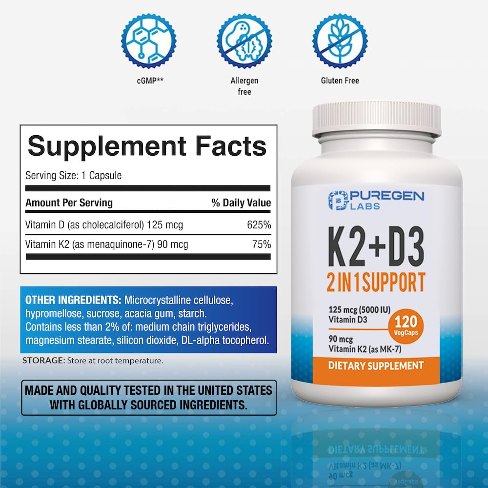 P Puregen Labs vitamina D3 5000 UI en cápsulas, formulación de fácil consumo
