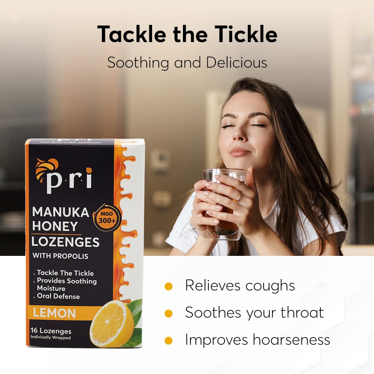 P.R.I Manuka Propolis Drops empaque, mezcla natural para bienestar de la garganta