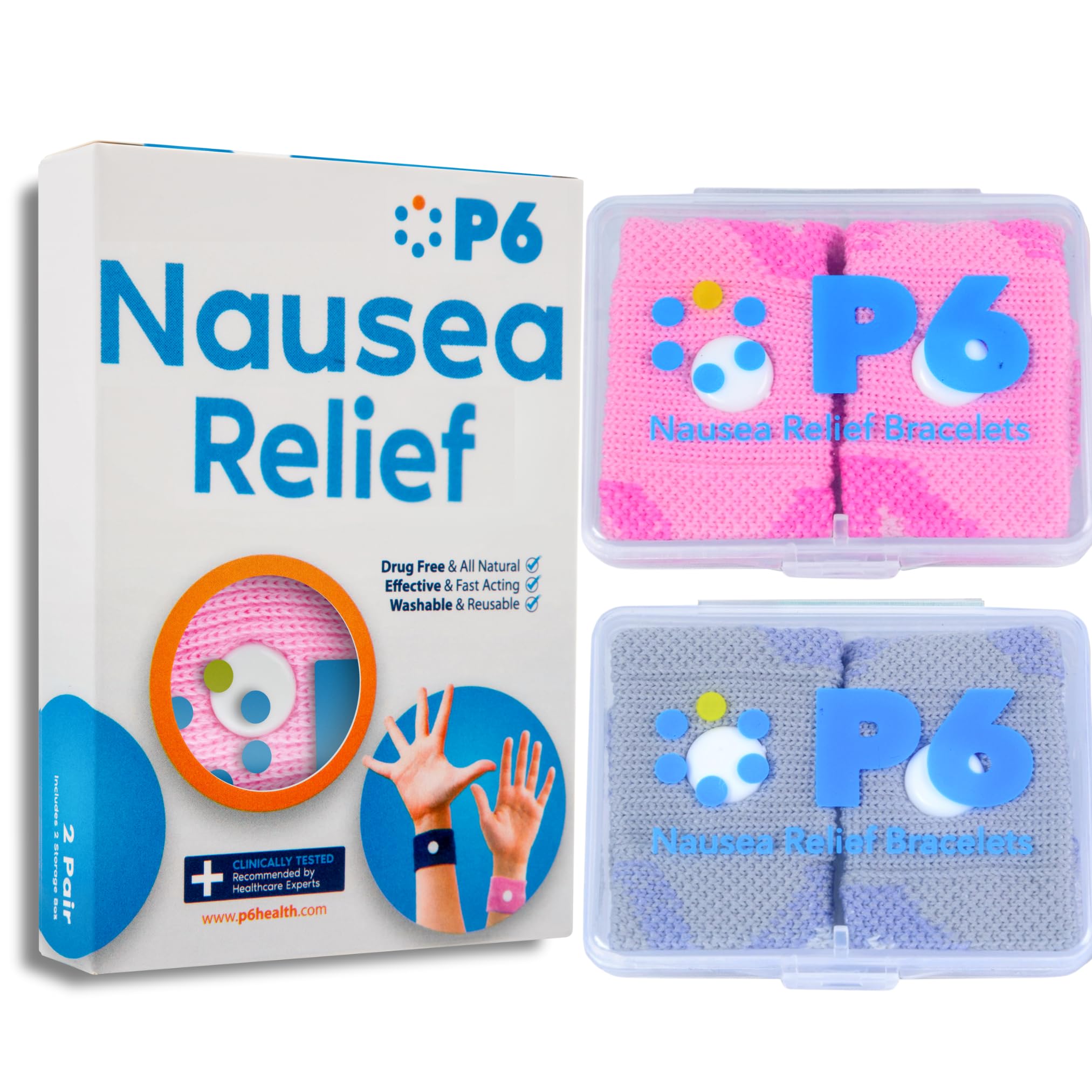 Pulsera antimareo P6 rosa en la muñeca para alivio natural durante viajes