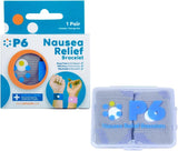 Pulseras P6 anti náusea en la muñeca para alivio suave durante viajes.