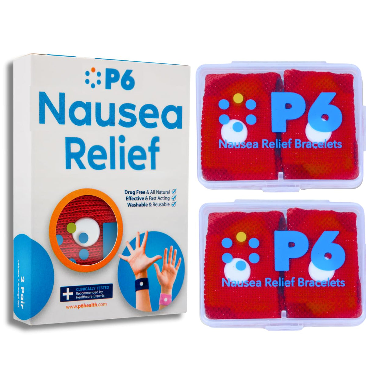Pulseras P6 rojas para mareo, paquete de dos con estuche incluido