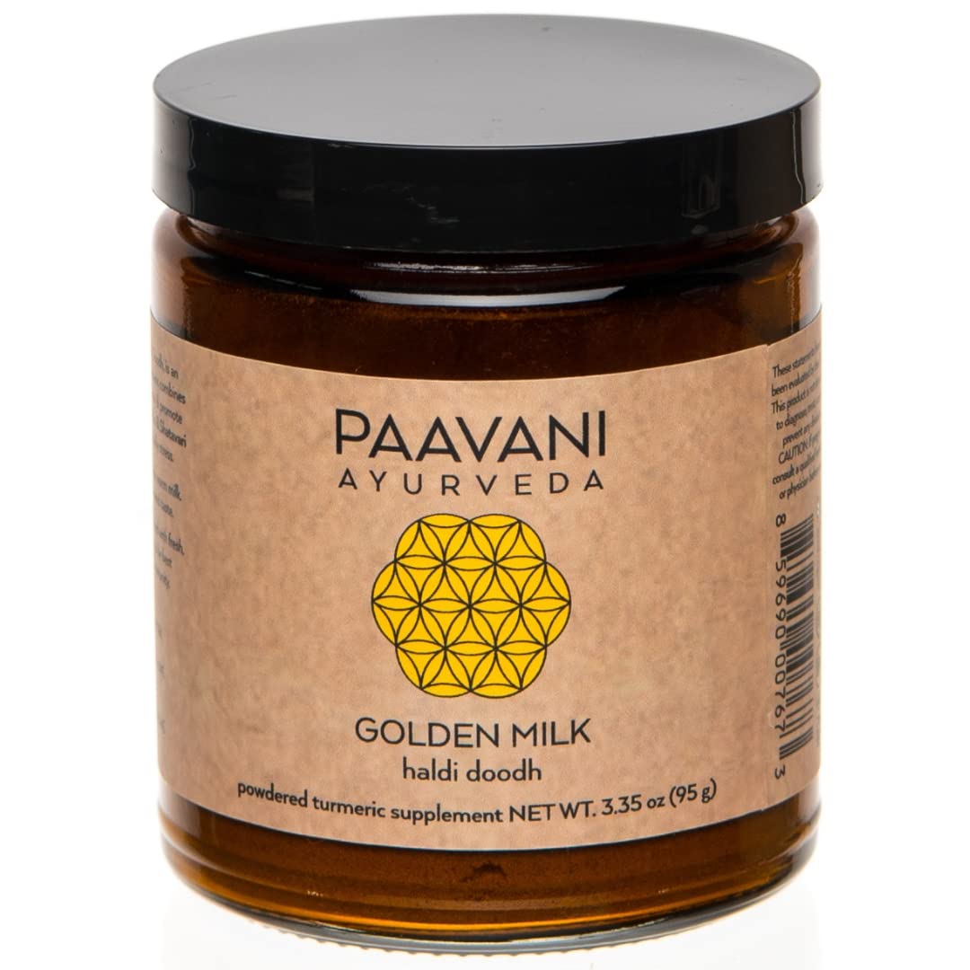 PAAVANI leche dorada, frasco para verter, ritual relajante.