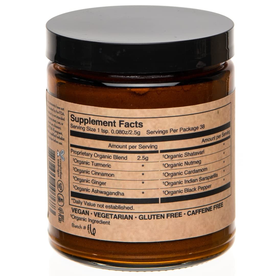 PAAVANI polvo amarillo ayurveda, listo para mezclar en leche.