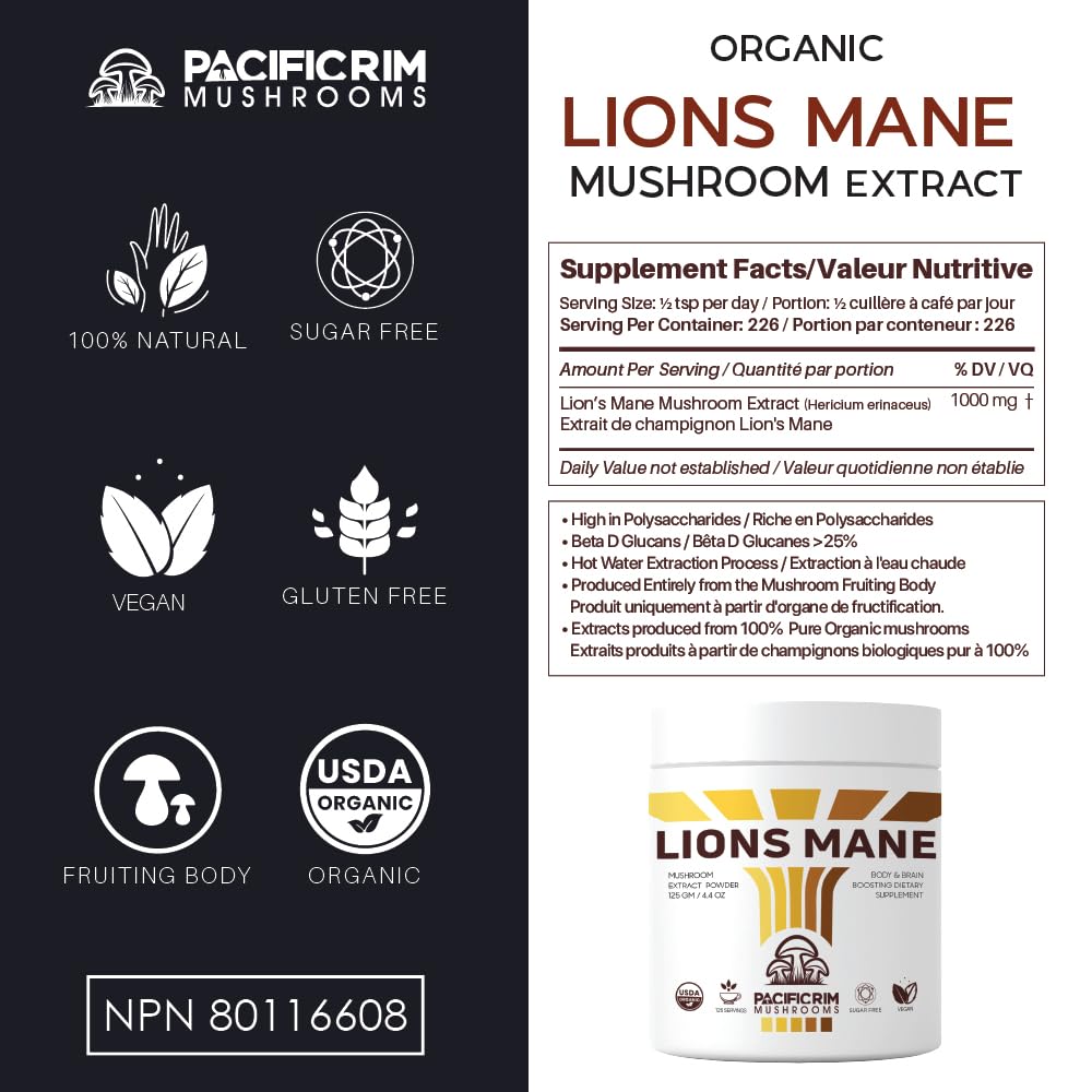 Altos polisacáridos en melena de león Pacific Rim Mushrooms