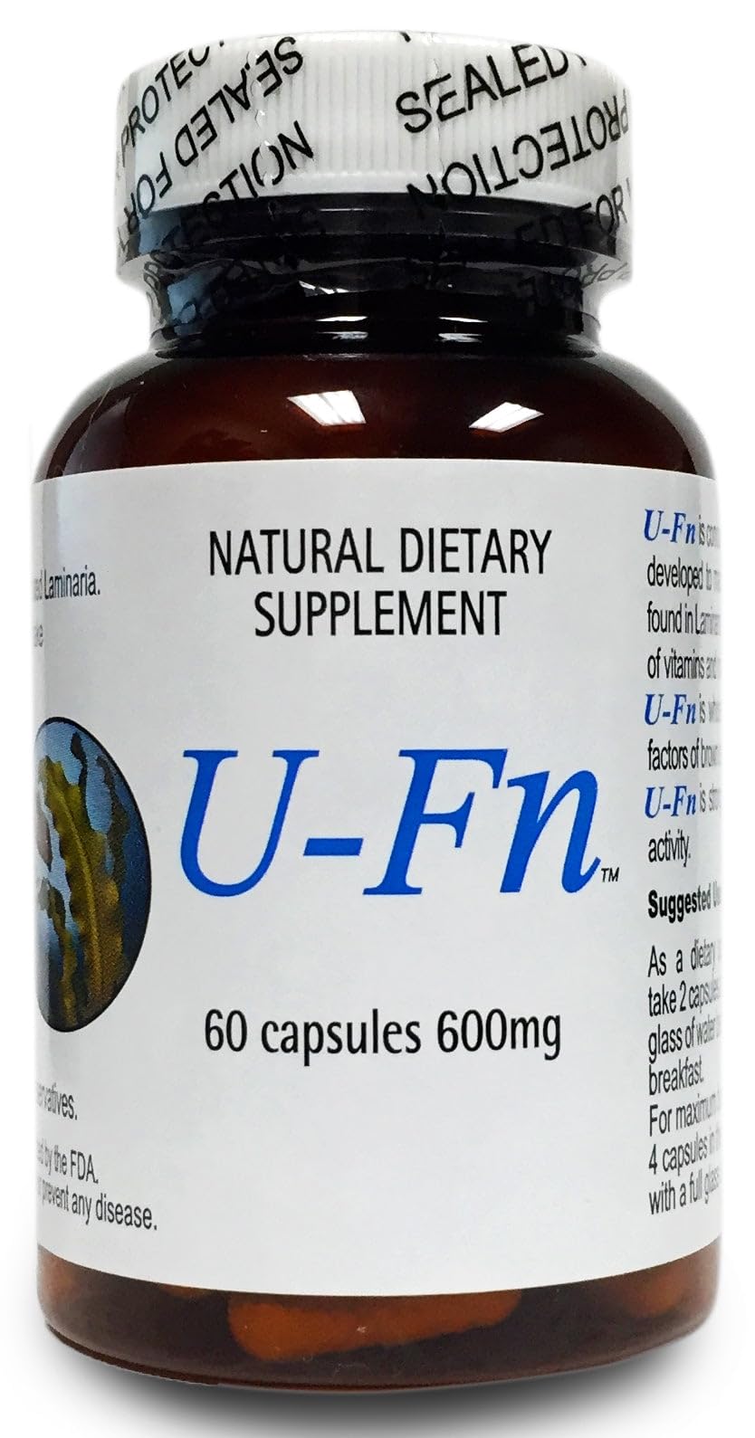 U-Fn botella de cápsulas 600 mg, detalle del envase para uso diario