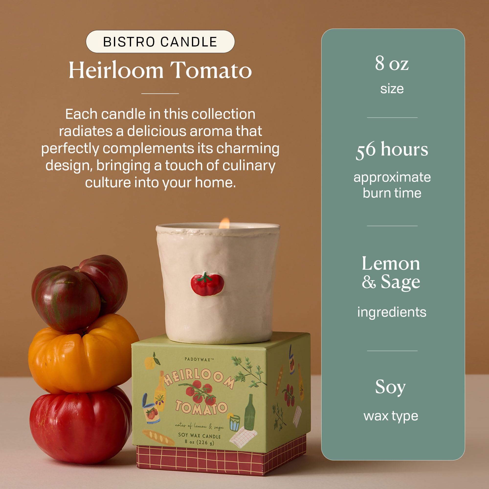 Vela Paddywax Bistro con iconos de alimentos pintados, añade estilo decorativo y fragancia agradable.