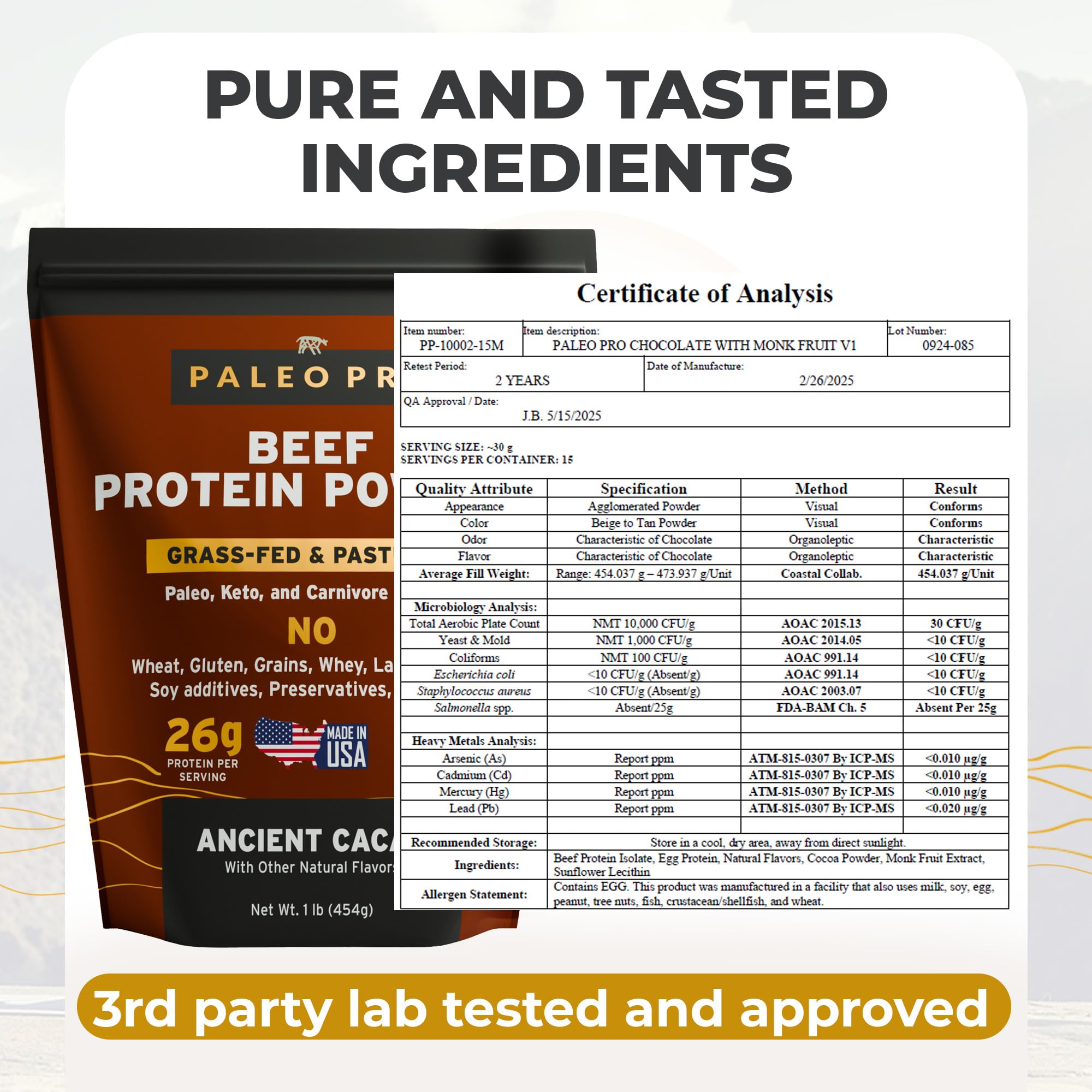 Paleo Pro cucharada proteina polvo, textura densa para batidos.