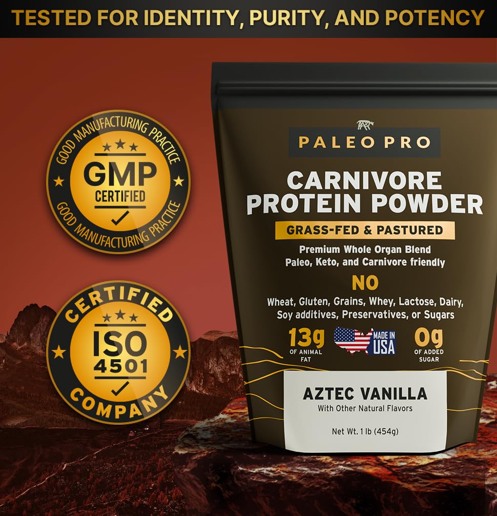 Cuchara con polvo de Paleo Pro Carnivore Complete para batidos nutritivos.