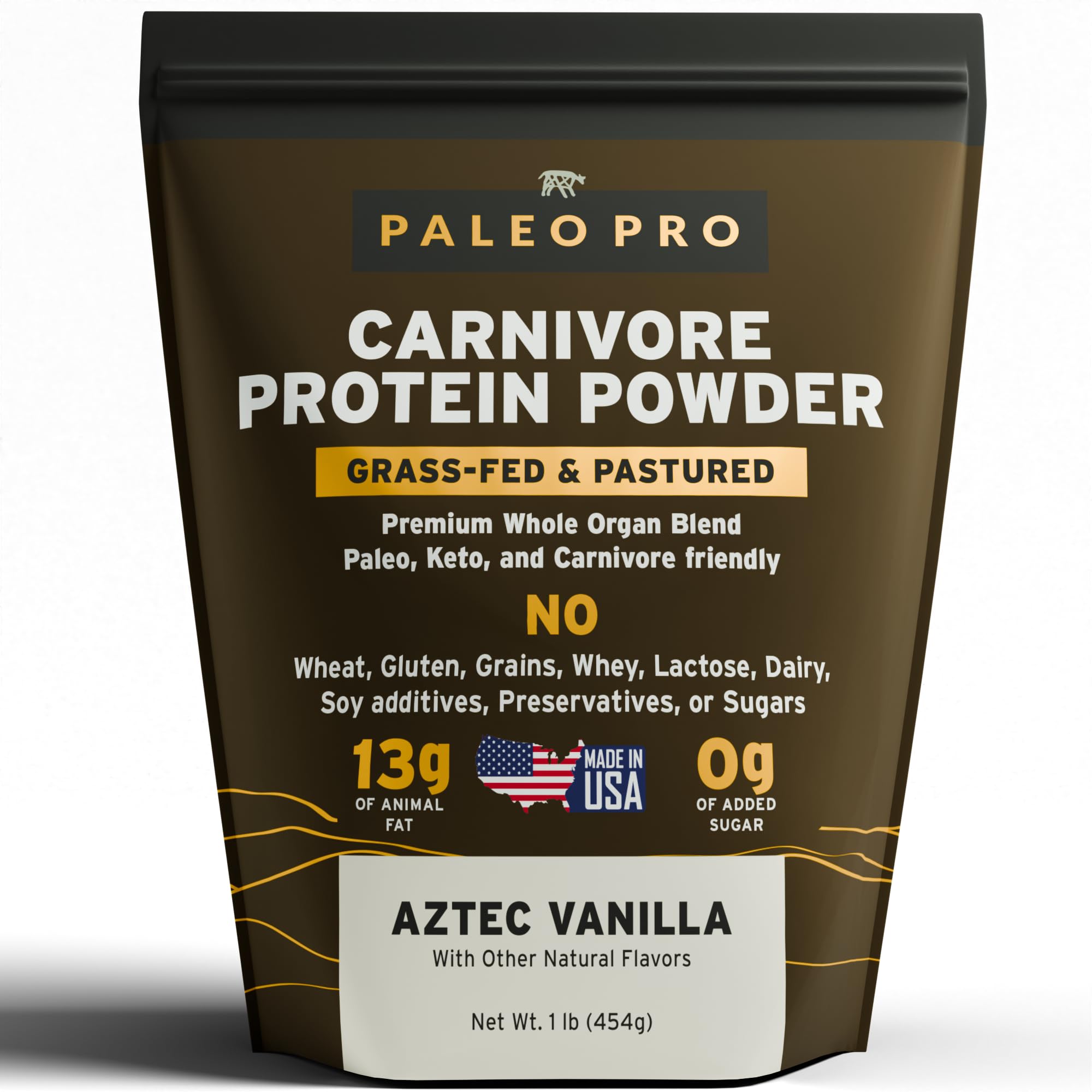 Paleo Pro Carnivore Complete envase vainilla azteca para batidos rápidos.