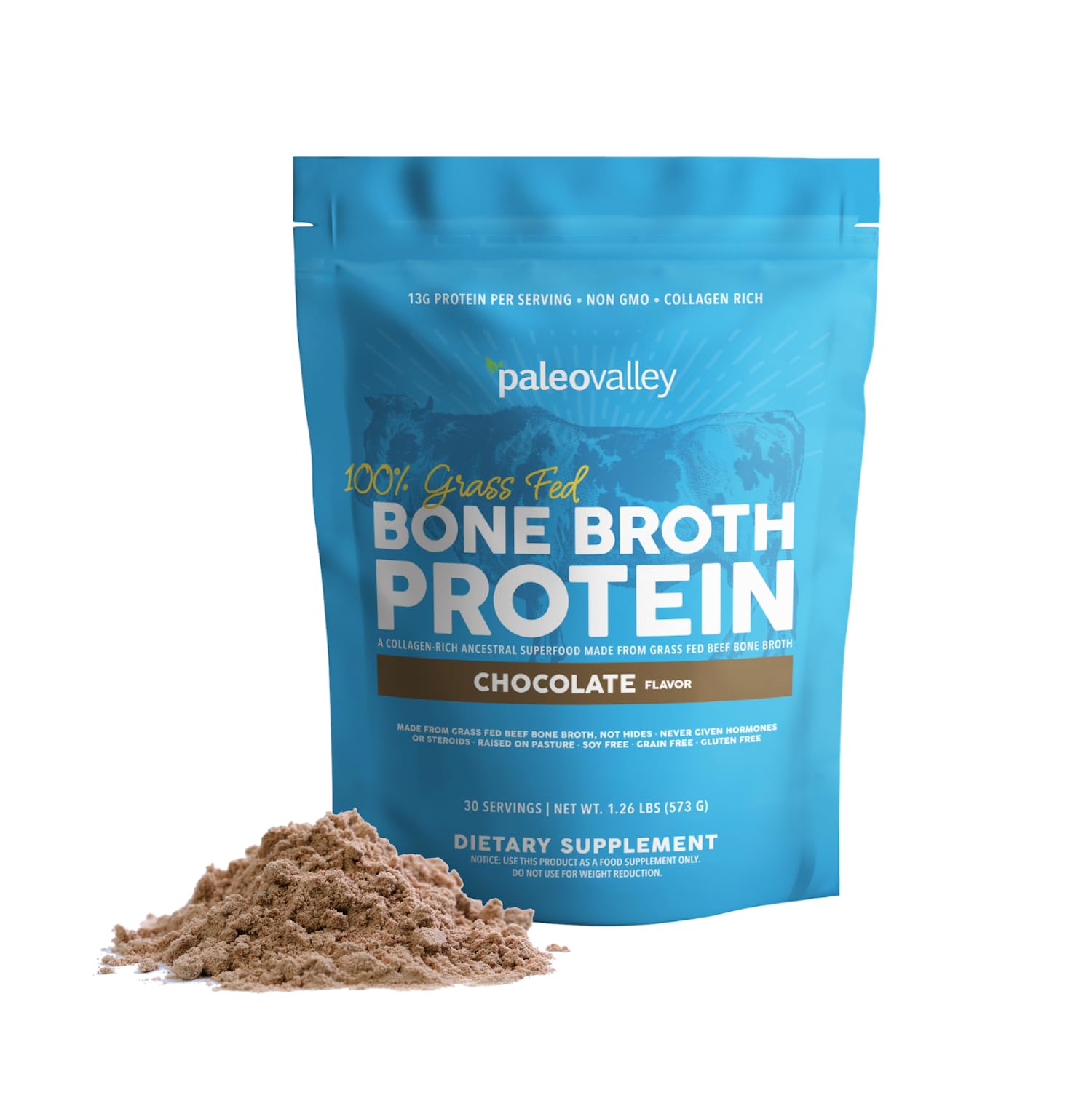 Paleovalley beef bone broth protein powder chocolate front of tub, supports daily protein needs