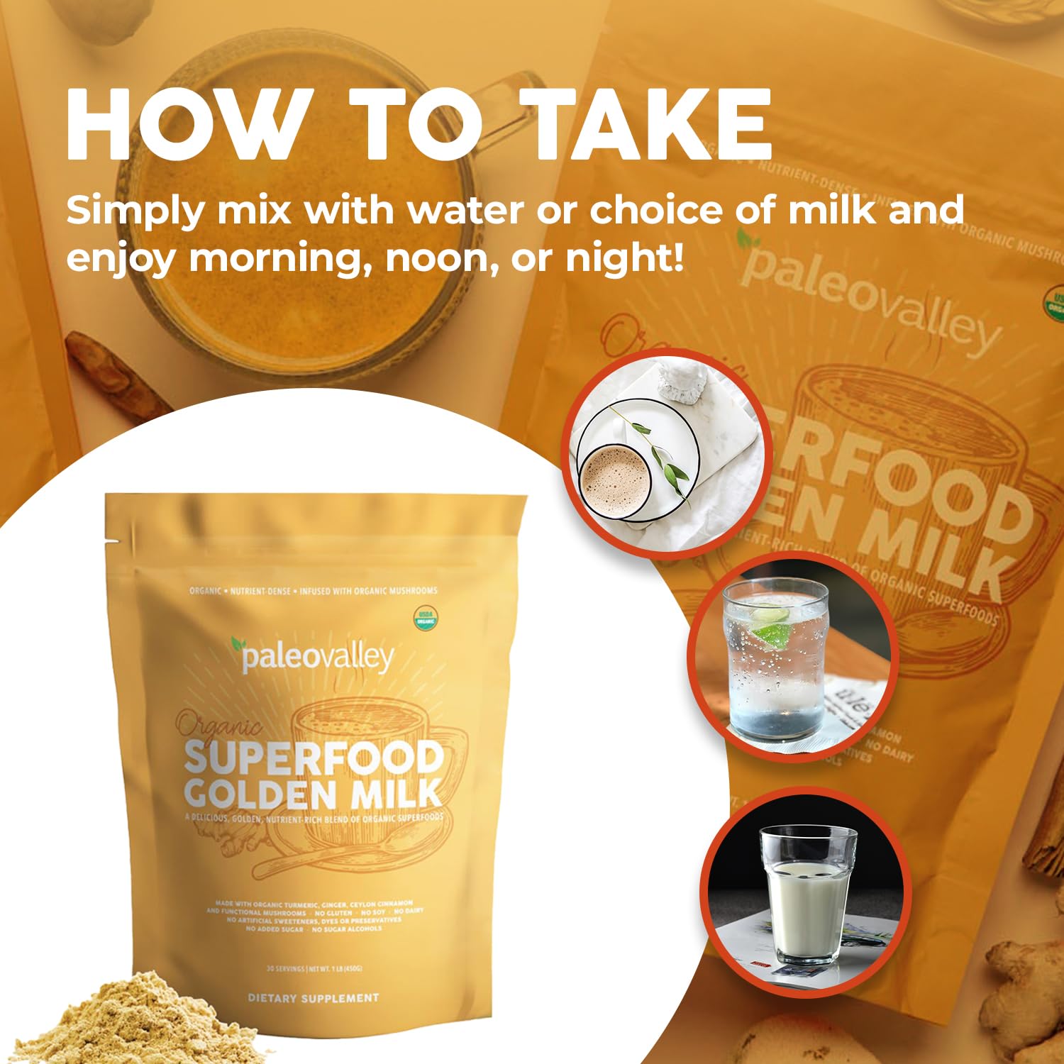 Paleovalley Golden Milk: ingredientes clave para apoyo diario y sabor balanceado.