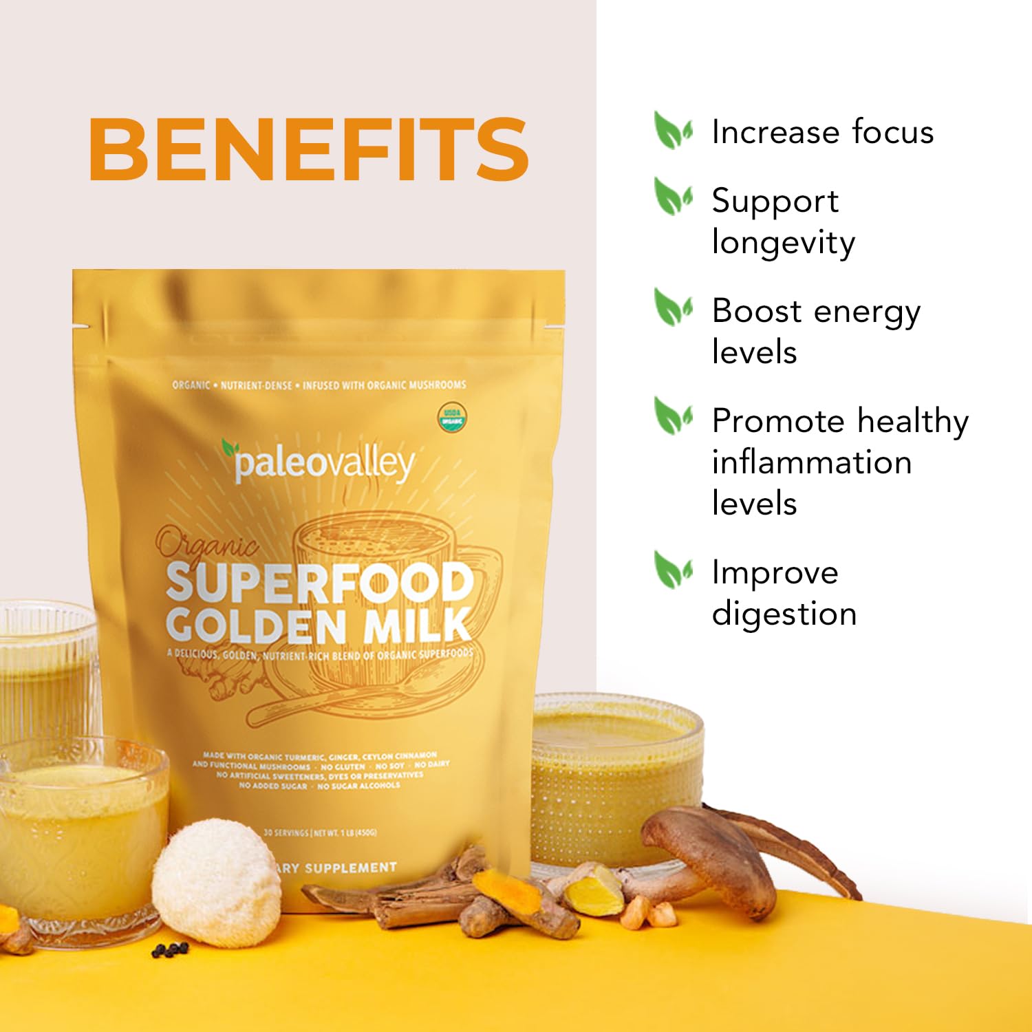 Paleovalley Golden Milk: setas medicinales para enfoque suave y bienestar.