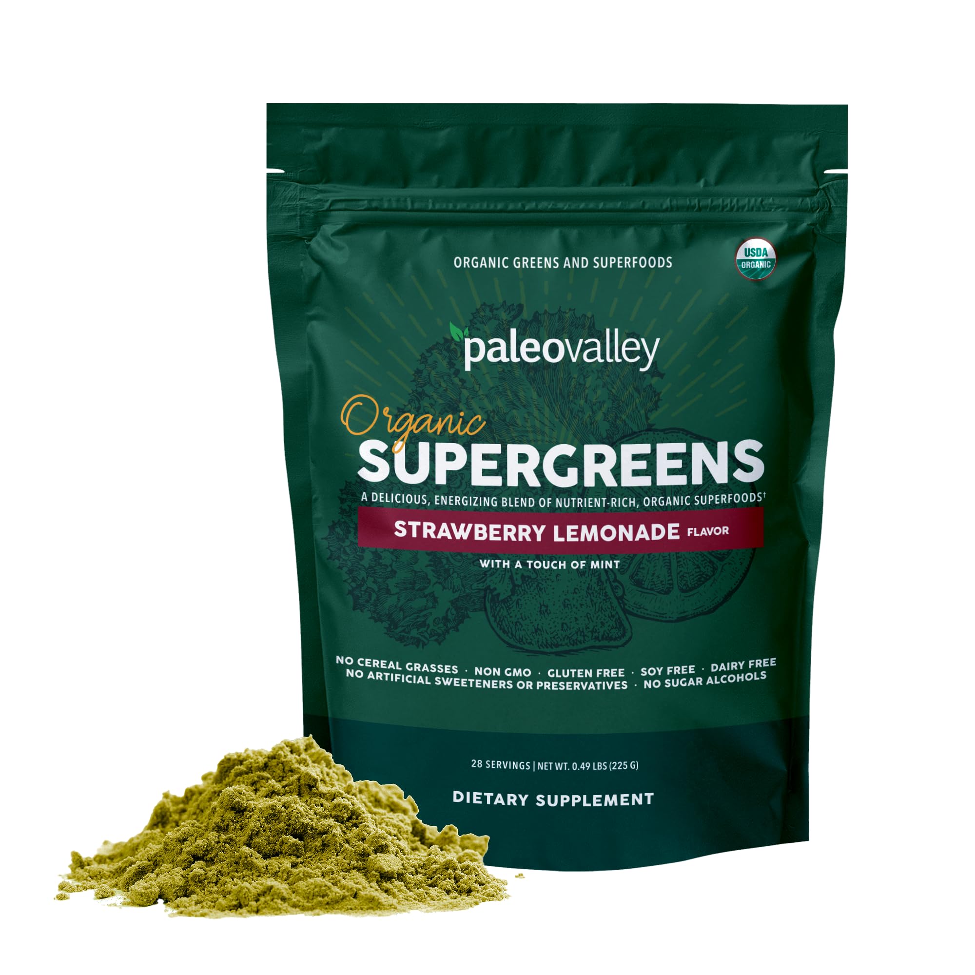 Paleovalley Supergreens orgánicos, empaque de 750 g para consumo diario.