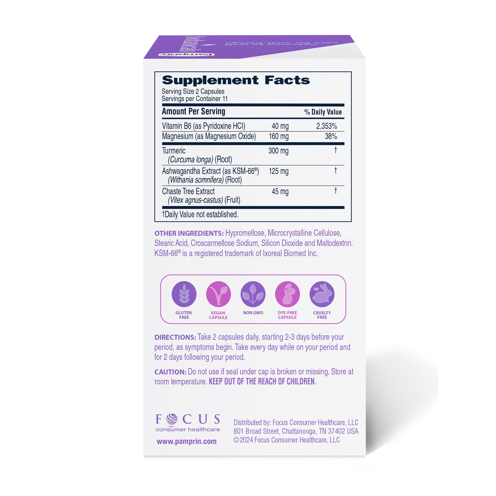 Pamprin Botanicals: etiqueta de ingredientes que destacan botánicos y vitaminas clave para el equilibrio del ciclo.