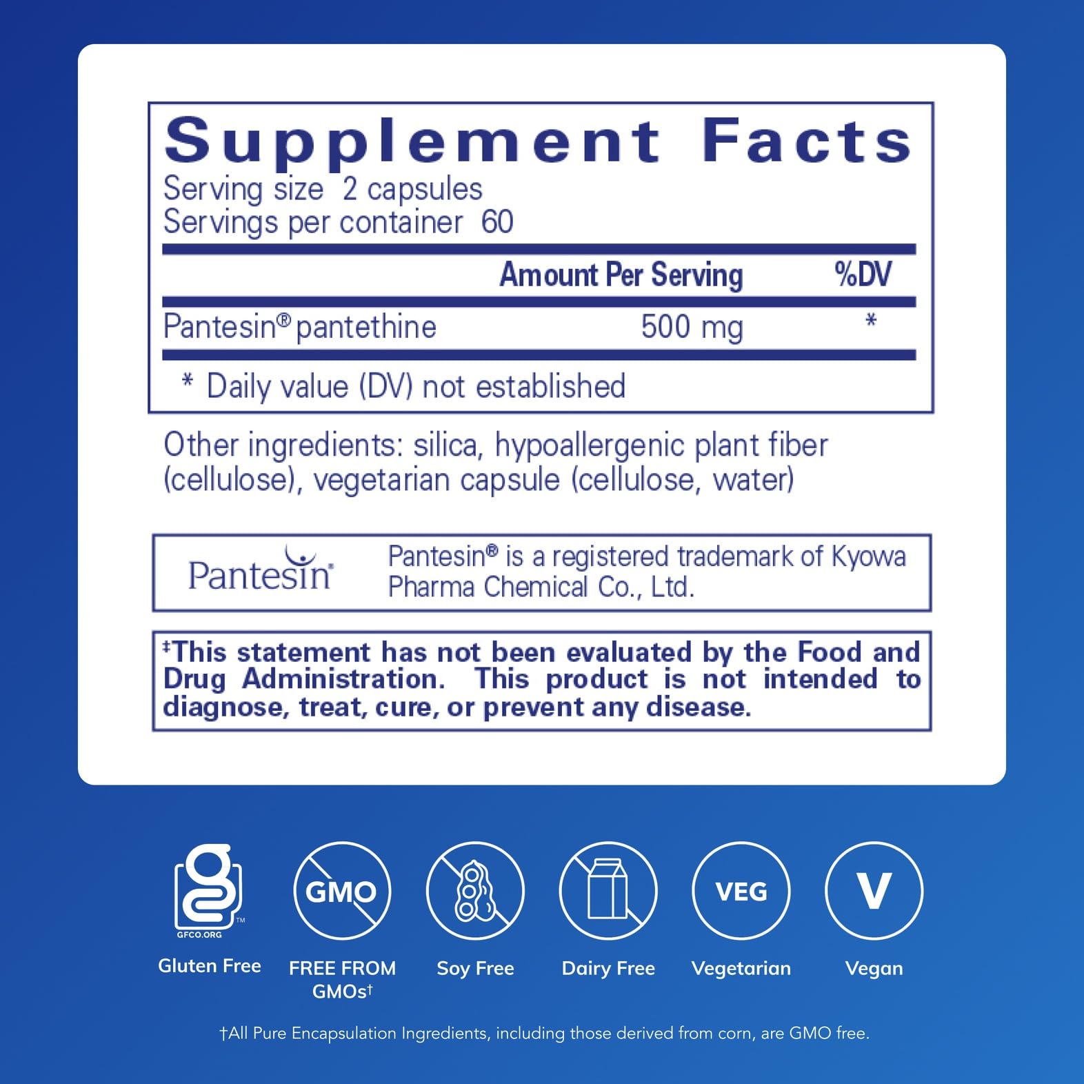 Pantethine de Pure Encapsulations: etiqueta frontal que destaca ingredientes de alta pureza.