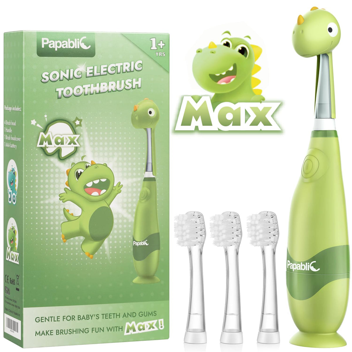 Cepillo sónico Papablic para niño con cubierta dino, ideal para iniciar hábitos de cepillado.
