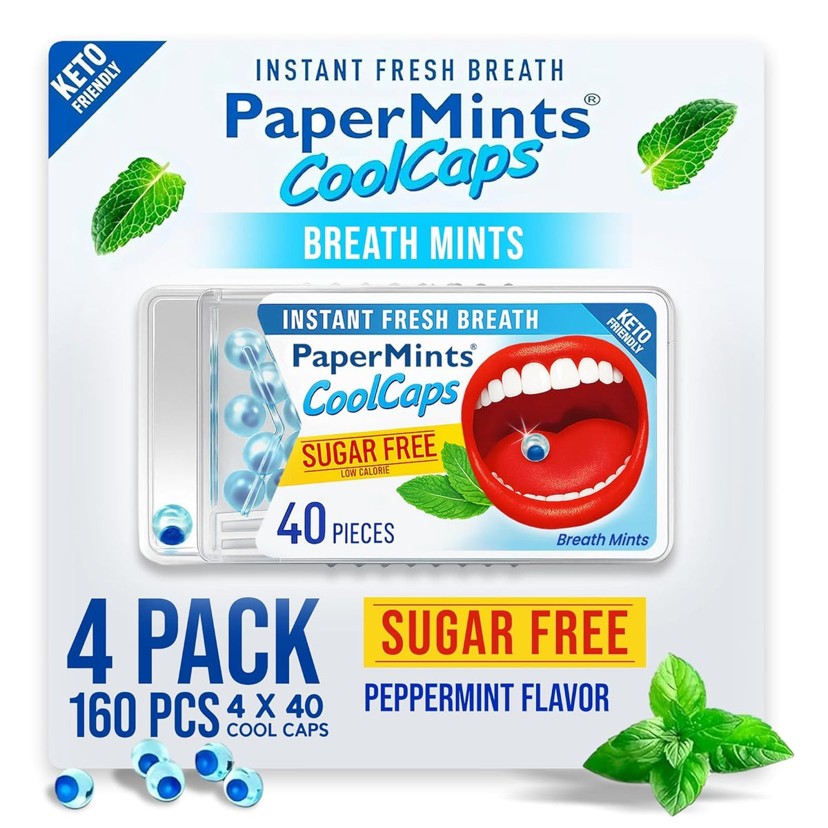 Papermints CoolCaps, empaque frontal, frescura instantánea para conversaciones cercanas.